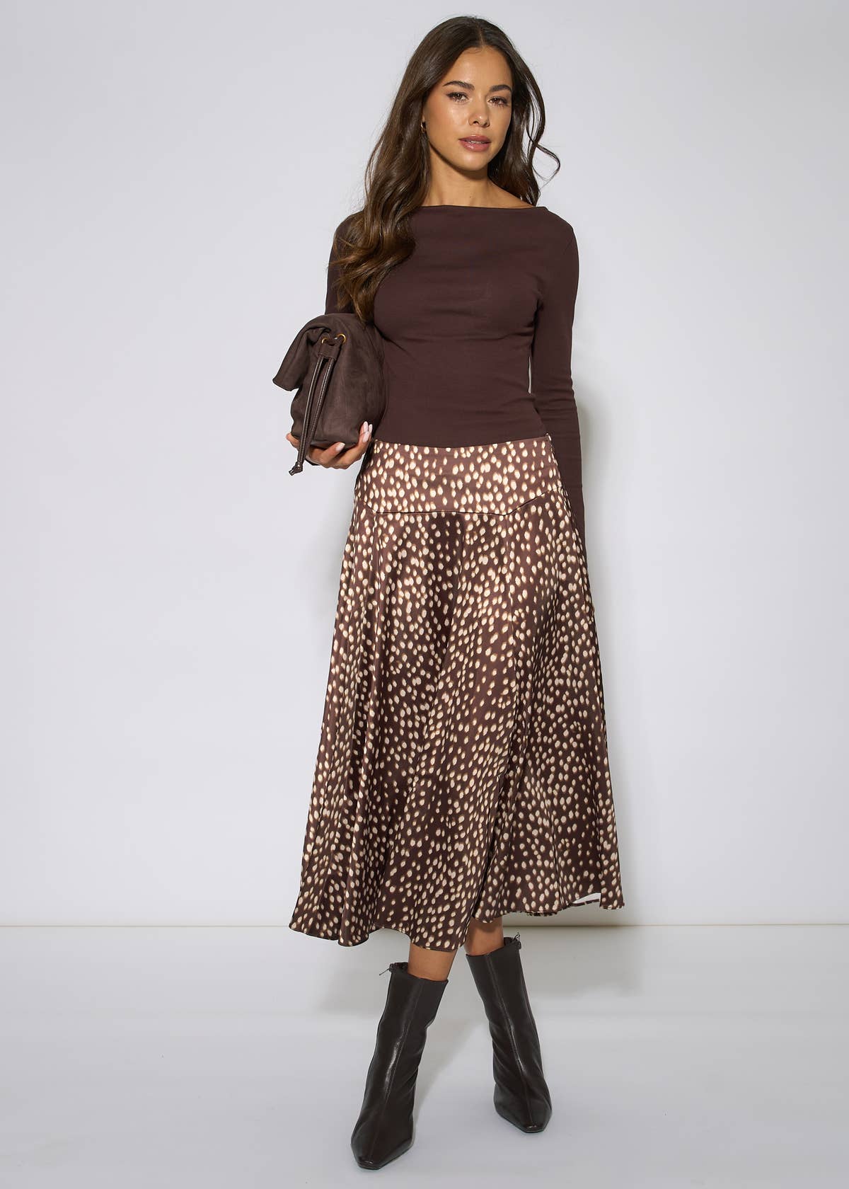 Brown Asymmetric Animal Print A Line Midi Skirt