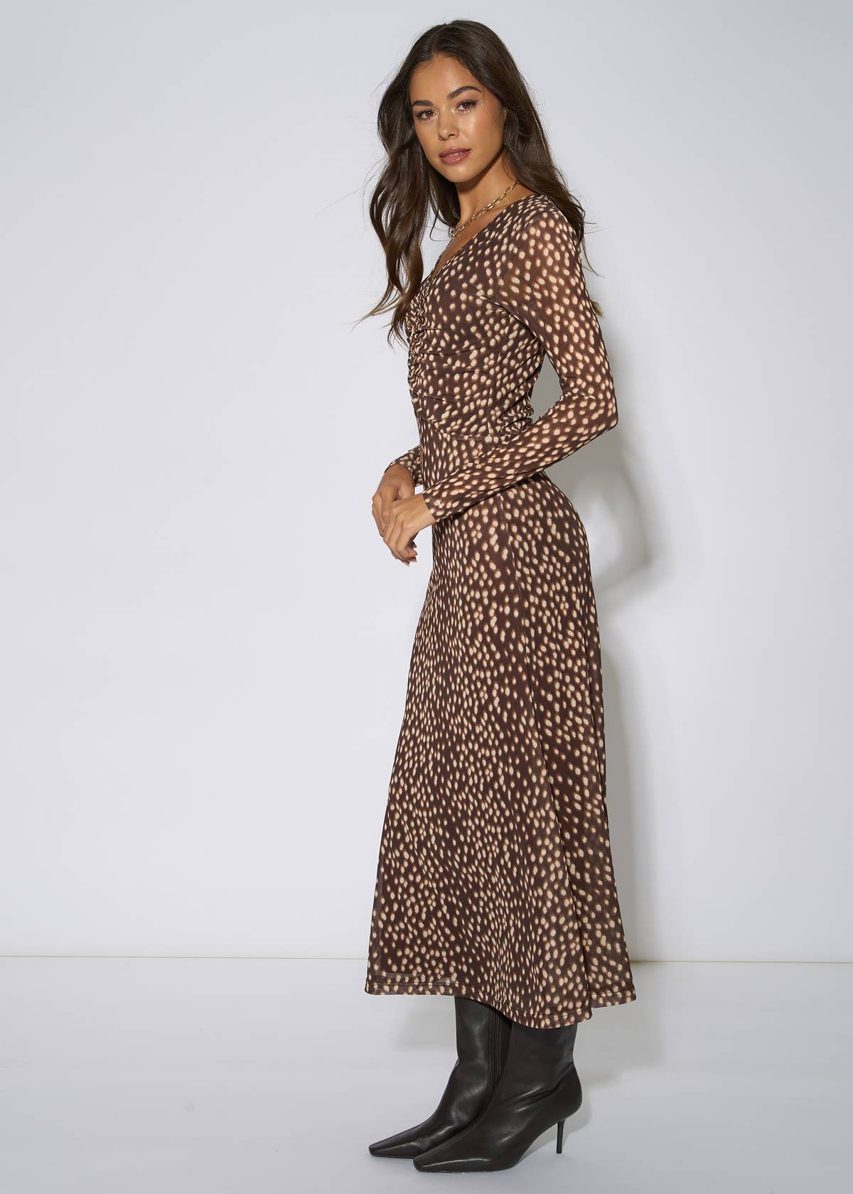 Brown Animal Mesh Ruched Front Midaxi Dress – View 8 | Gini London