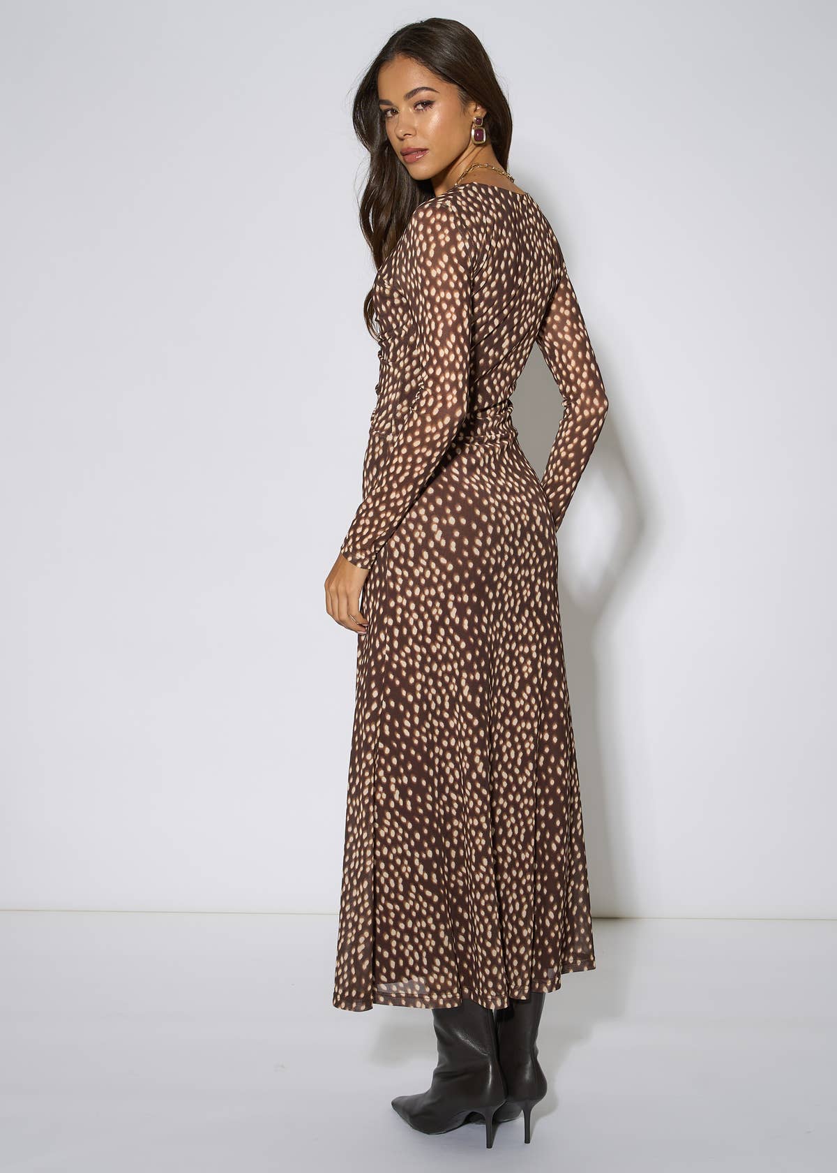 Brown Animal Mesh Ruched Front Midaxi Dress – View 6 | Gini London