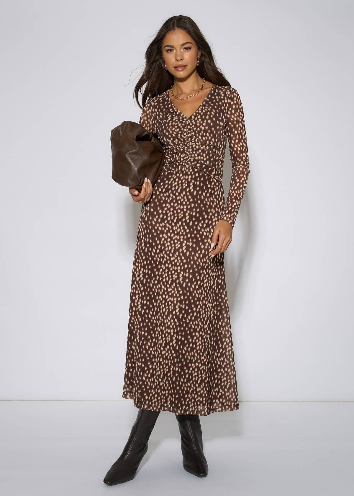 Brown Animal Mesh Ruched Front Midaxi Dress – View 5 | Gini London