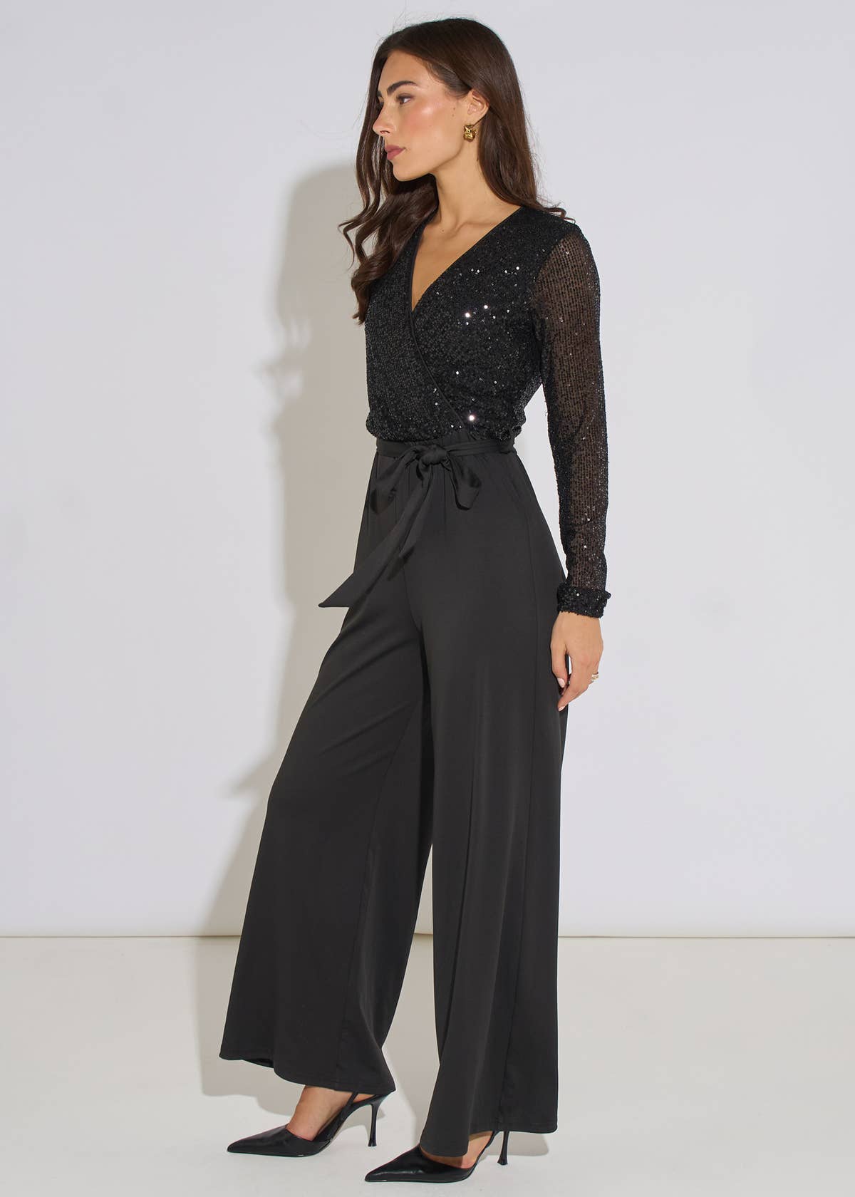 Black Sequin Wrap Front Belted Jumpsuit