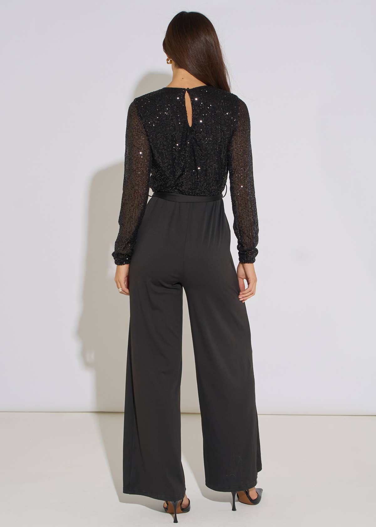 Black Sequin Wrap Front Belted Jumpsuit