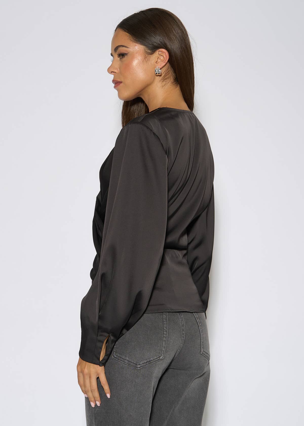 Black Satin Pleat Shoulder Wrap Top – View 2 | Gini London