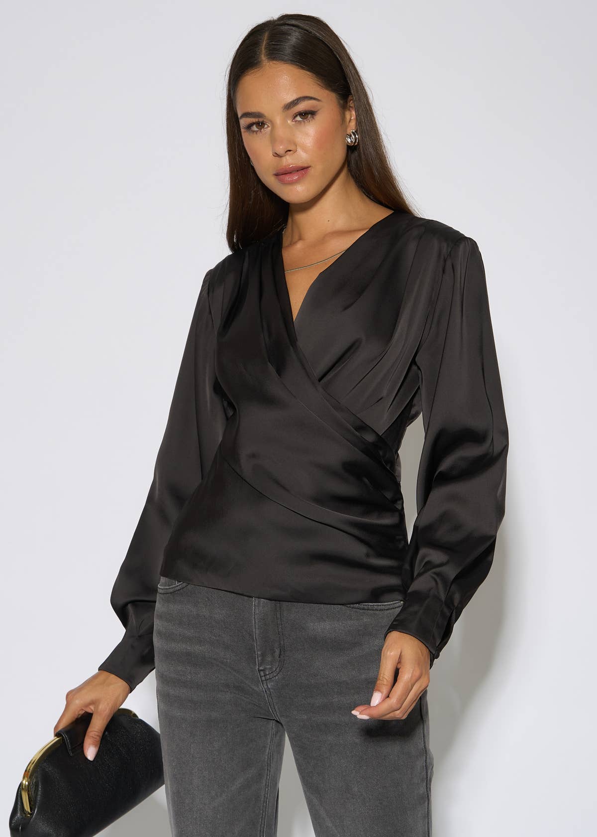 Black Satin Pleat Shoulder Wrap Top – View 1 | Gini London