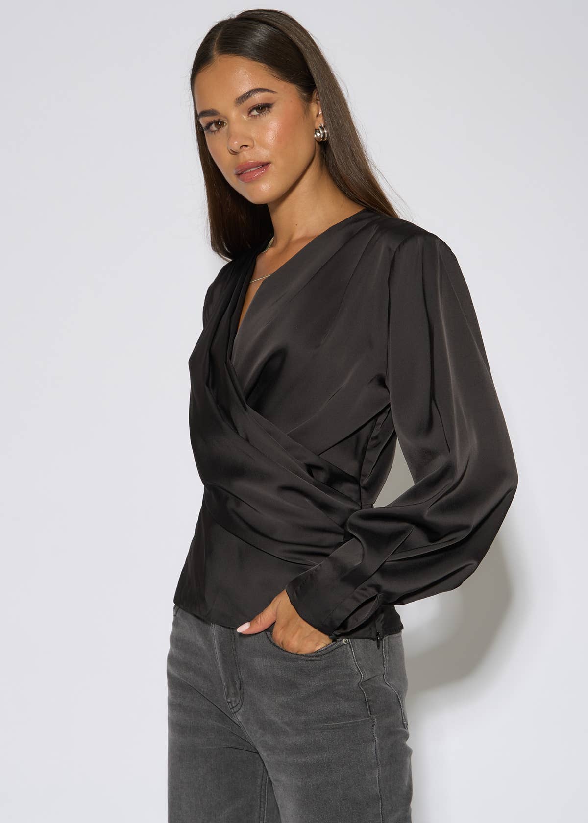 Black Satin Pleat Shoulder Wrap Top – View 4 | Gini London