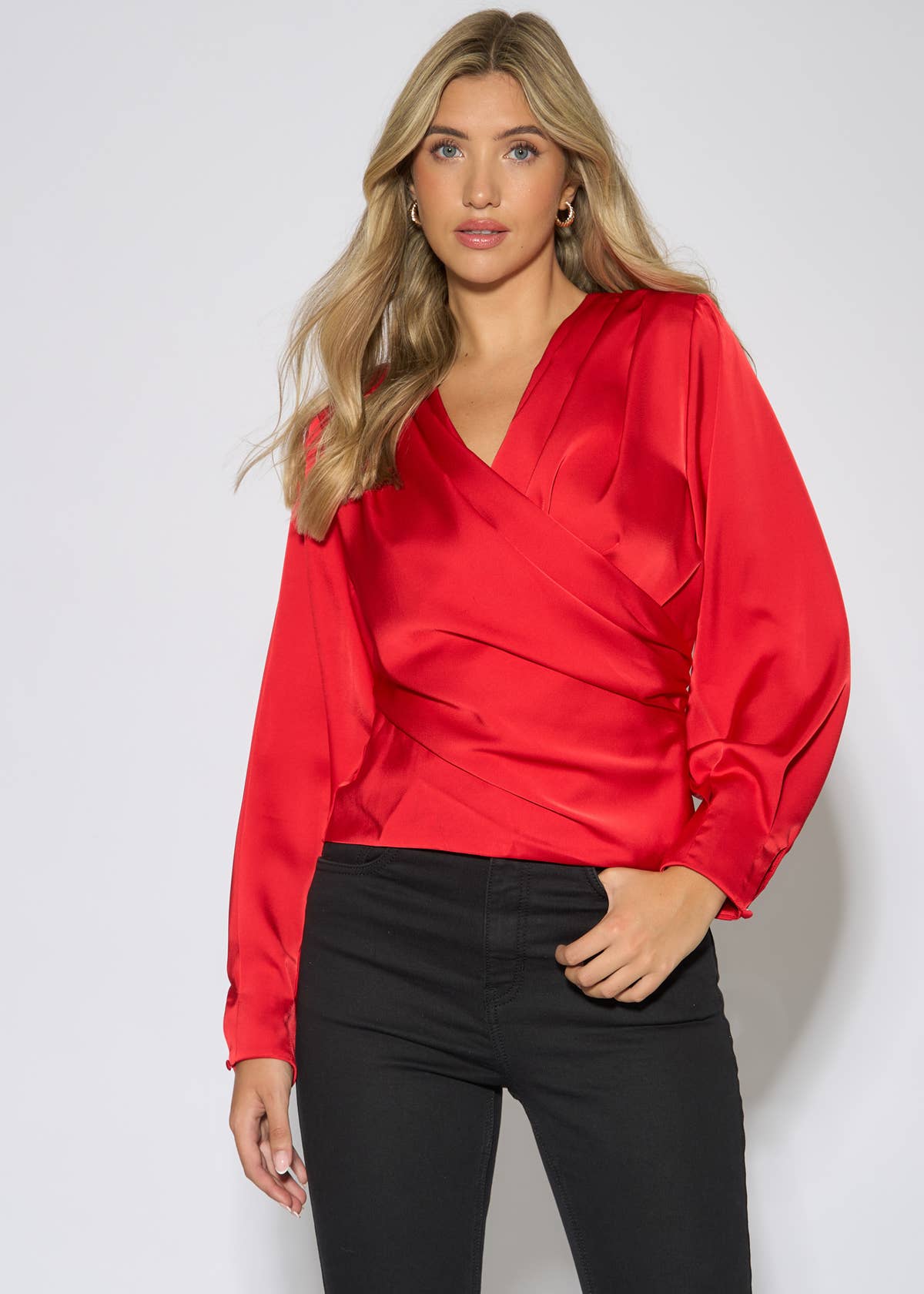 Red Satin Pleat Shoulder Wrap Top – View 1 | Gini London