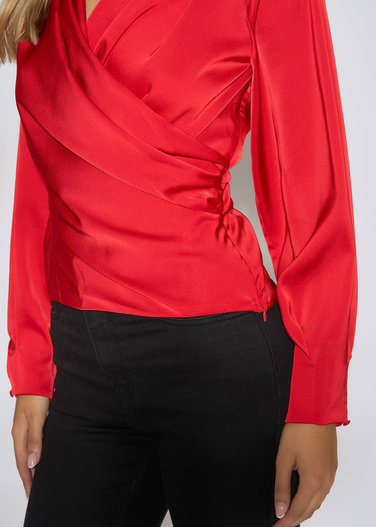 Red Satin Pleat Shoulder Wrap Top – View 3 | Gini London