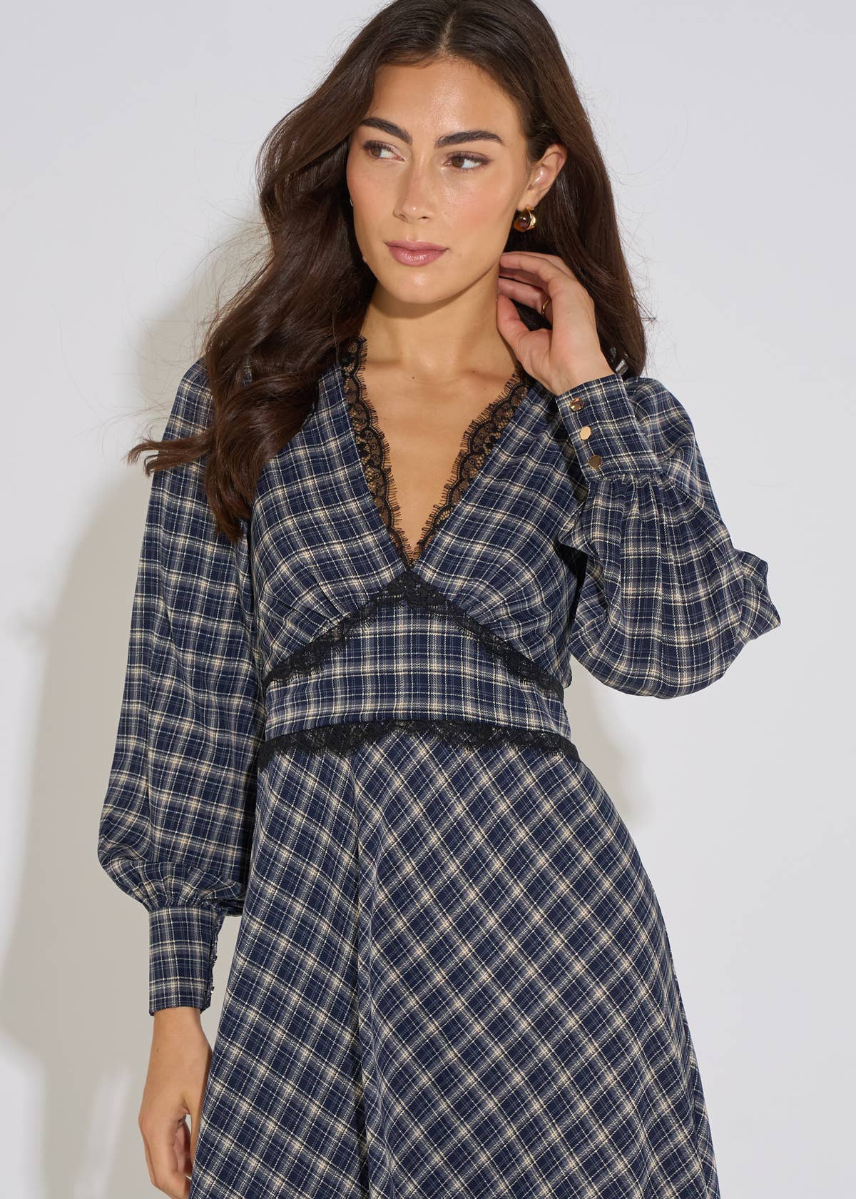 Blue Check Contrast Lace Trim Midi Dress
