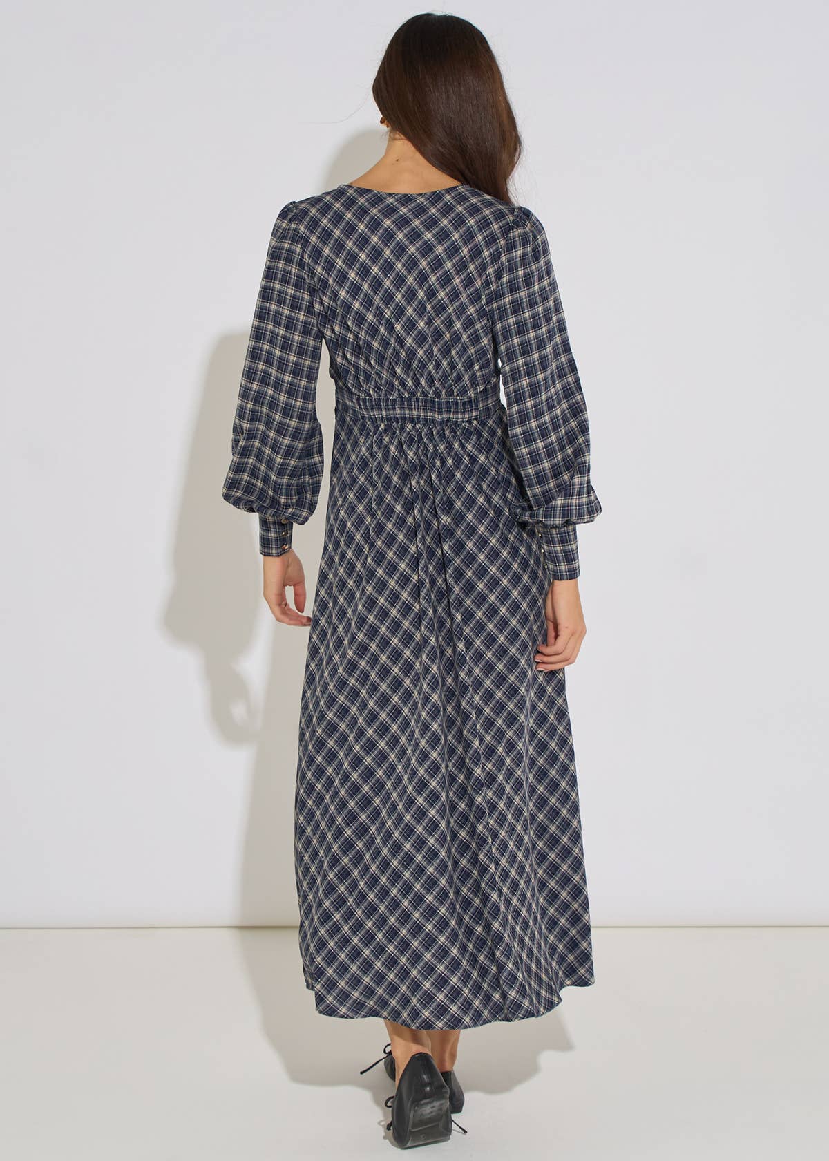 Blue Check Contrast Lace Trim Midi Dress