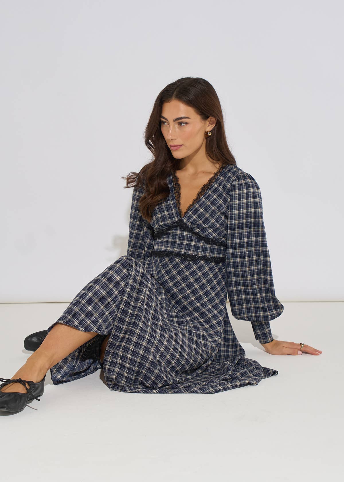 Blue Check Contrast Lace Trim Midi Dress