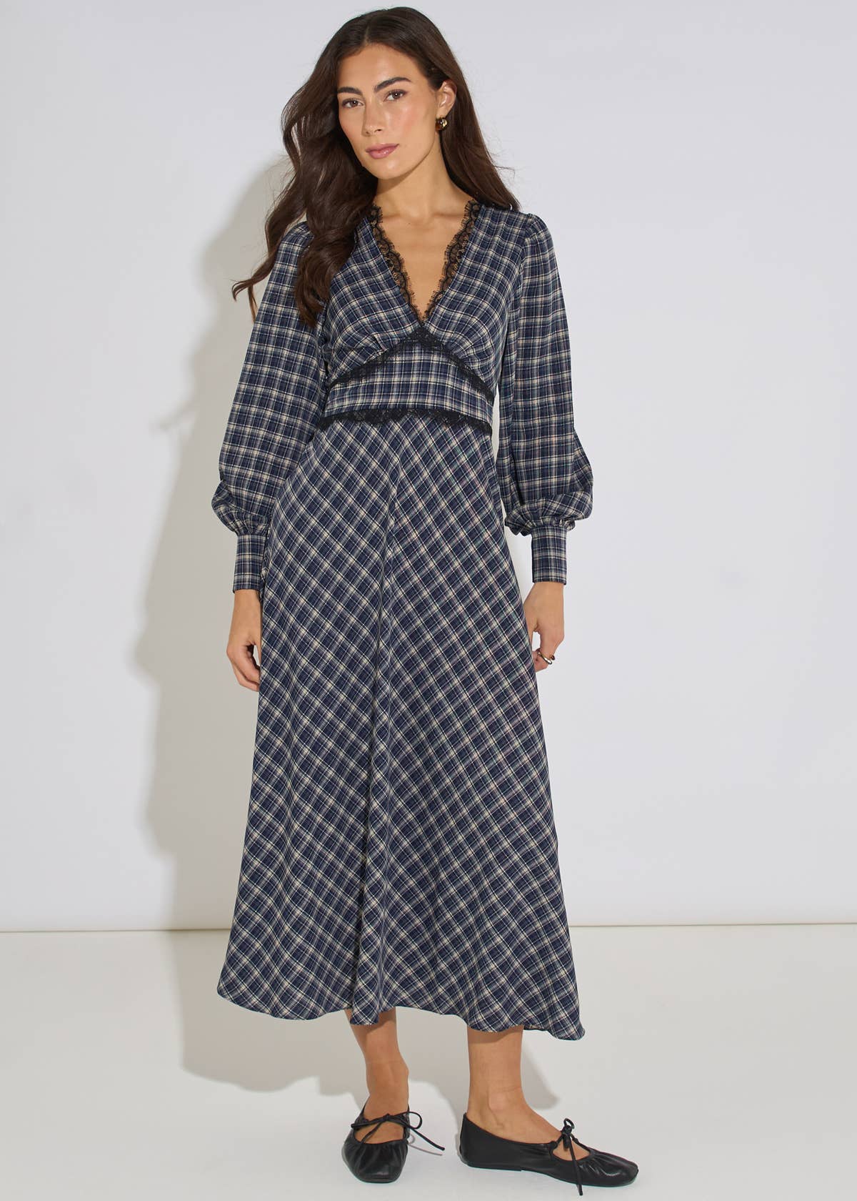 Blue Check Contrast Lace Trim Midi Dress