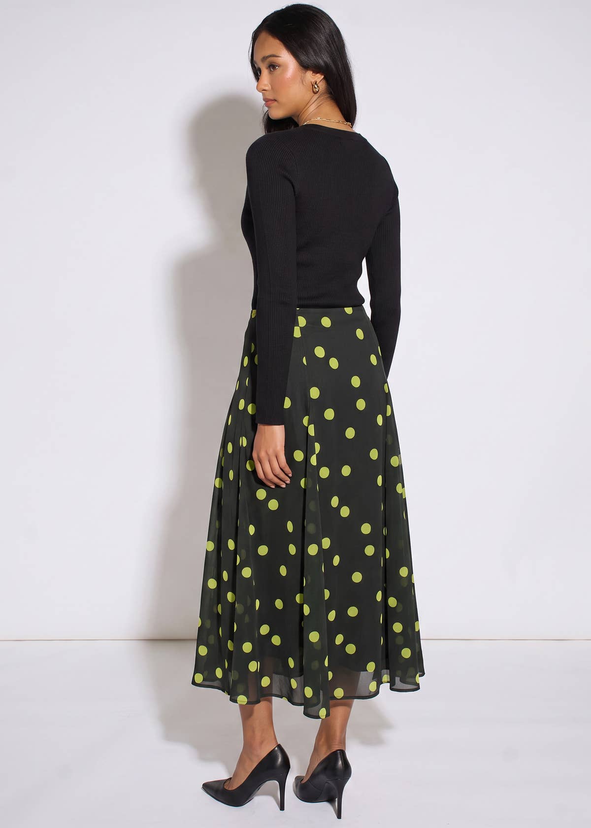 Green Lime Spot Satin Godet Midi Skirt