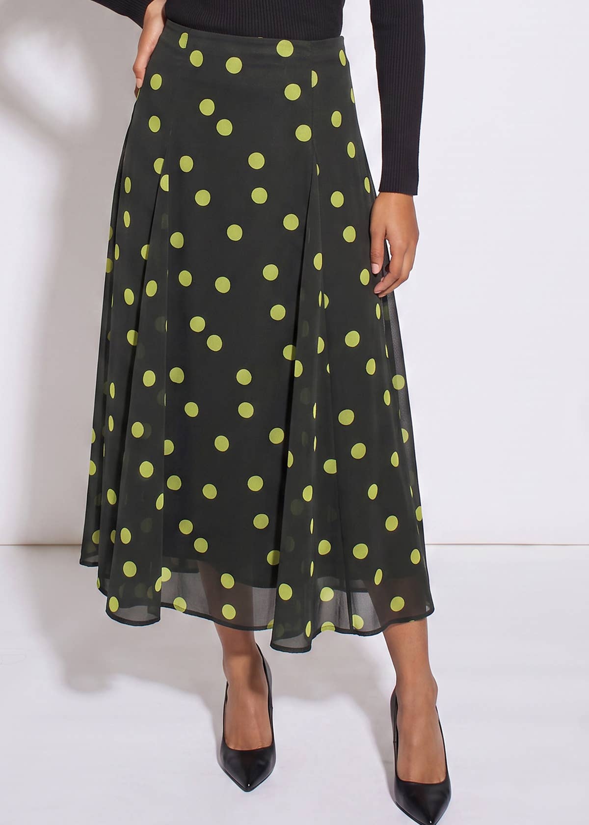 Green Lime Spot Satin Godet Midi Skirt