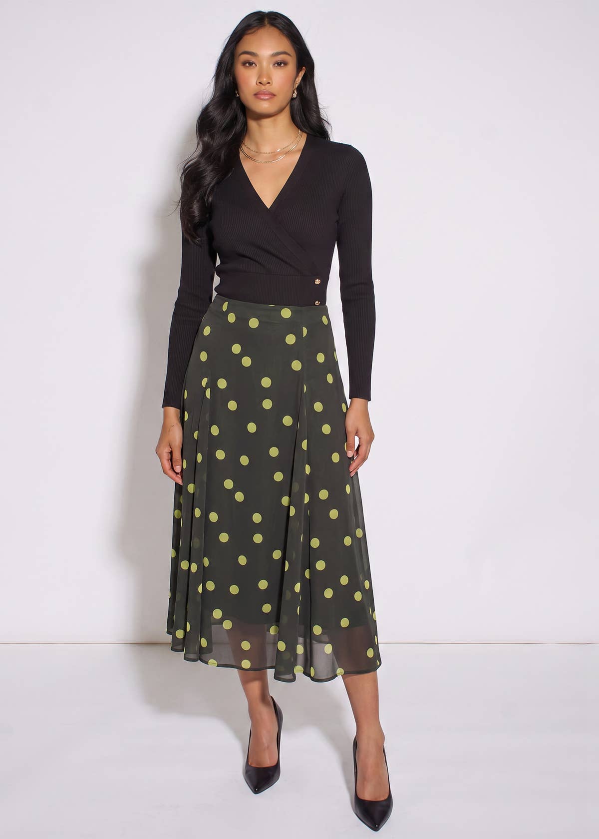 Green Lime Spot Satin Godet Midi Skirt