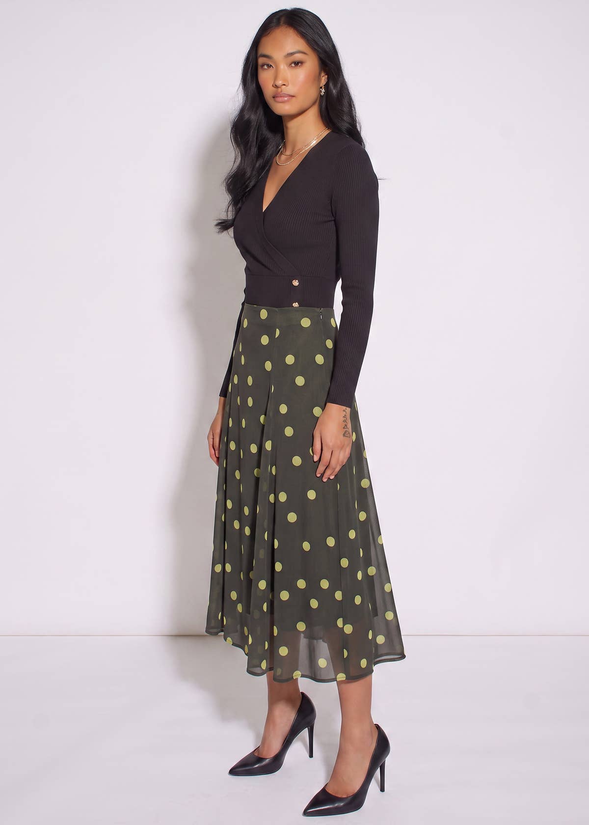 Green Lime Spot Satin Godet Midi Skirt