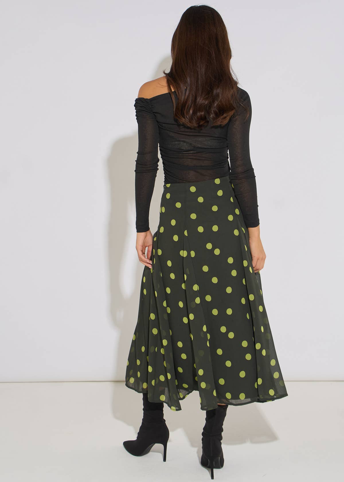 Green Lime Spot Satin Godet Midi Skirt– View 2 | Gini London