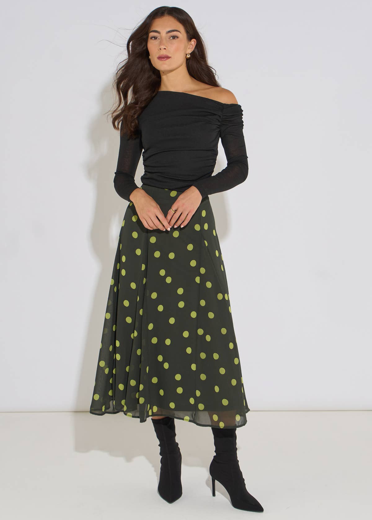 Green Lime Spot Satin Godet Midi Skirt– View 1 | Gini London