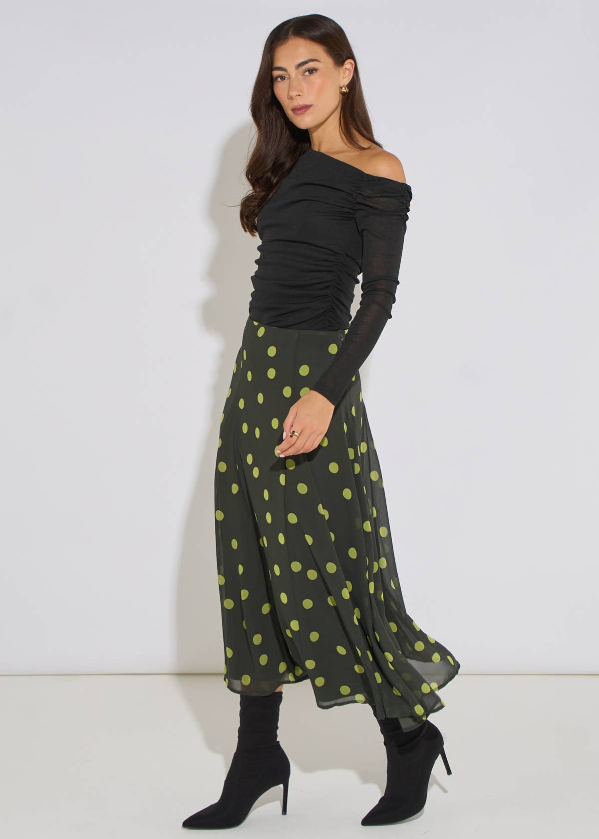 Green Lime Spot Satin Godet Midi Skirt– View 4 | Gini London