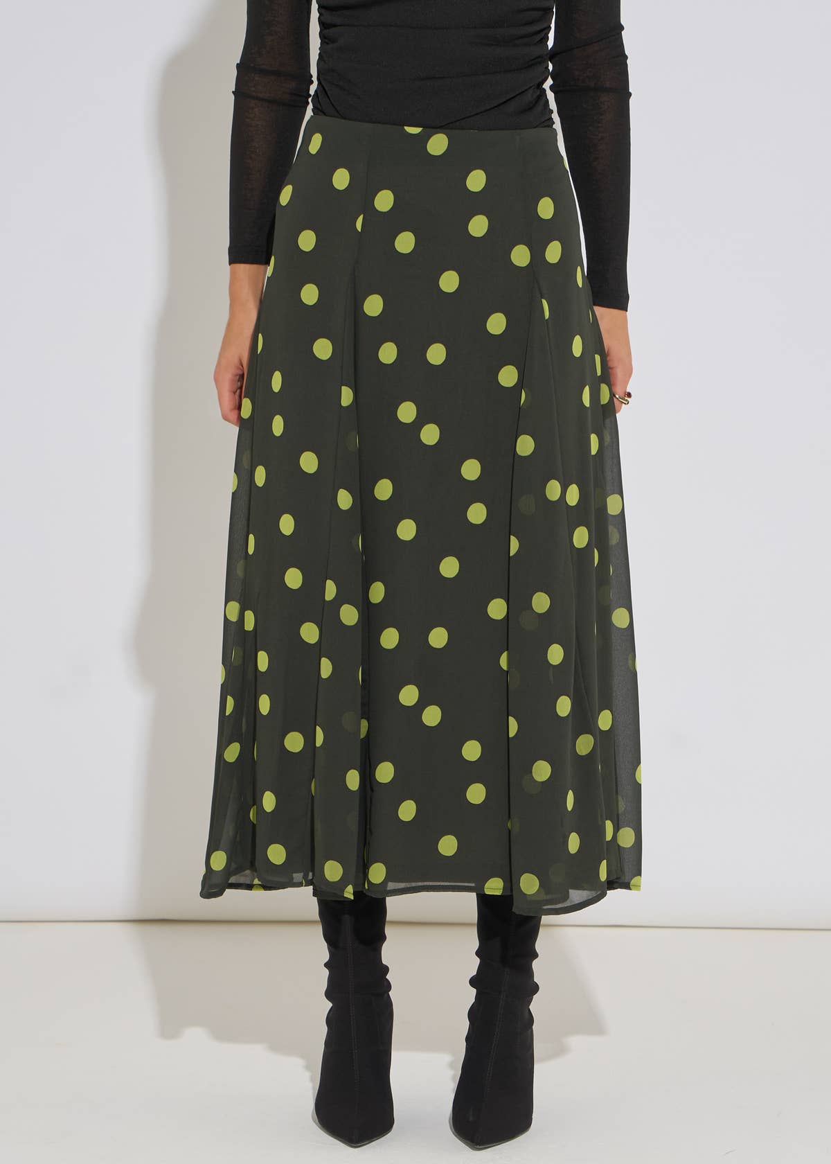 Green Lime Spot Satin Godet Midi Skirt– View 3 | Gini London