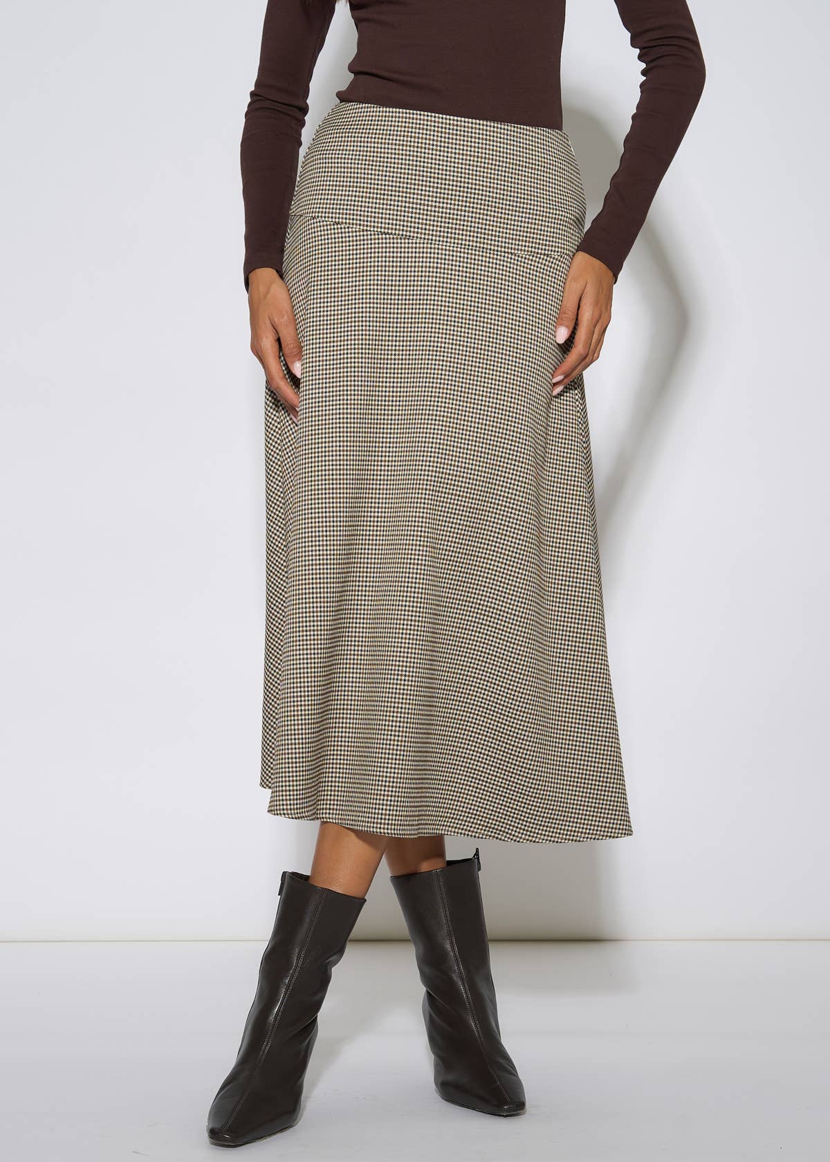 Brown Dog Tooth A Line Midi Skirt – View 3 | Gini London