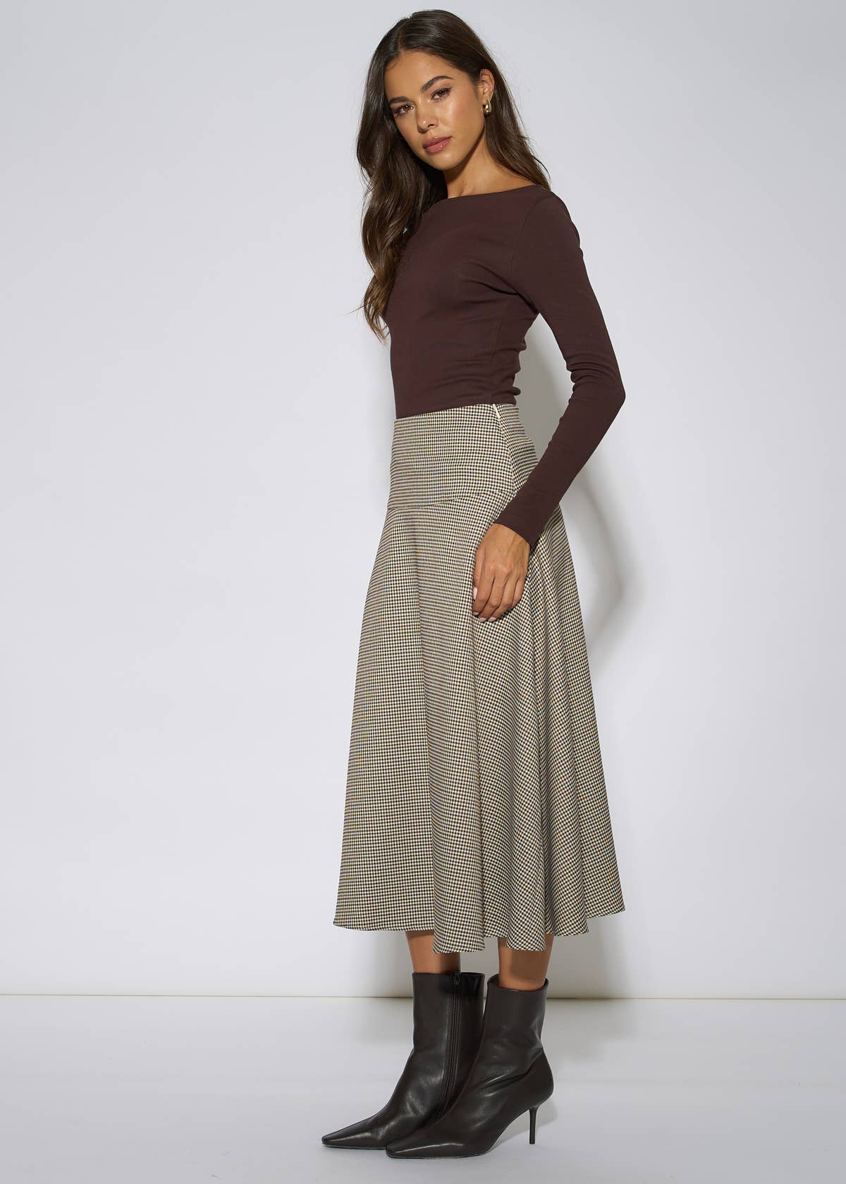 Brown Dog Tooth A Line Midi Skirt – View 4 | Gini London