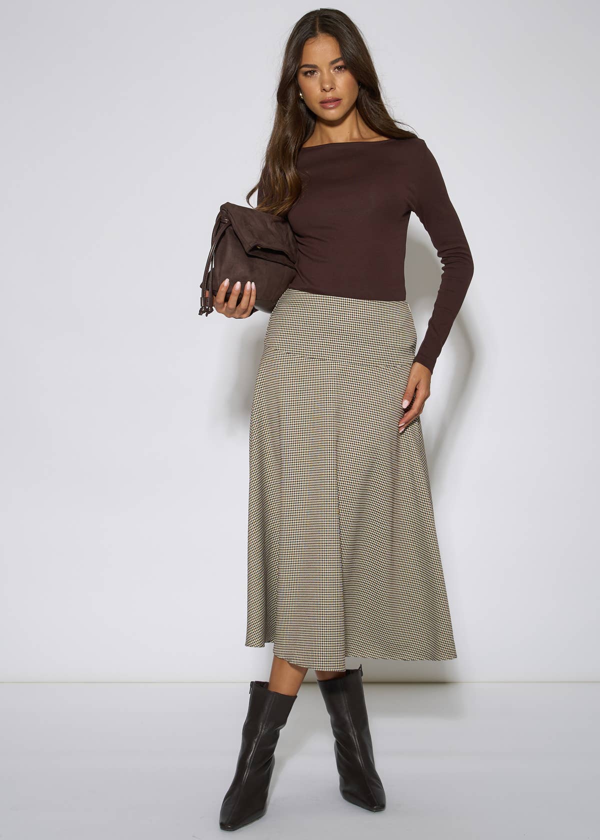 Brown Dog Tooth A Line Midi Skirt – View 1 | Gini London