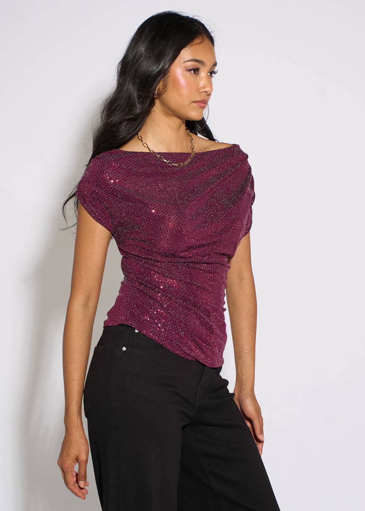 Mulberry Off Shoulder Sparkle Contrast Top
