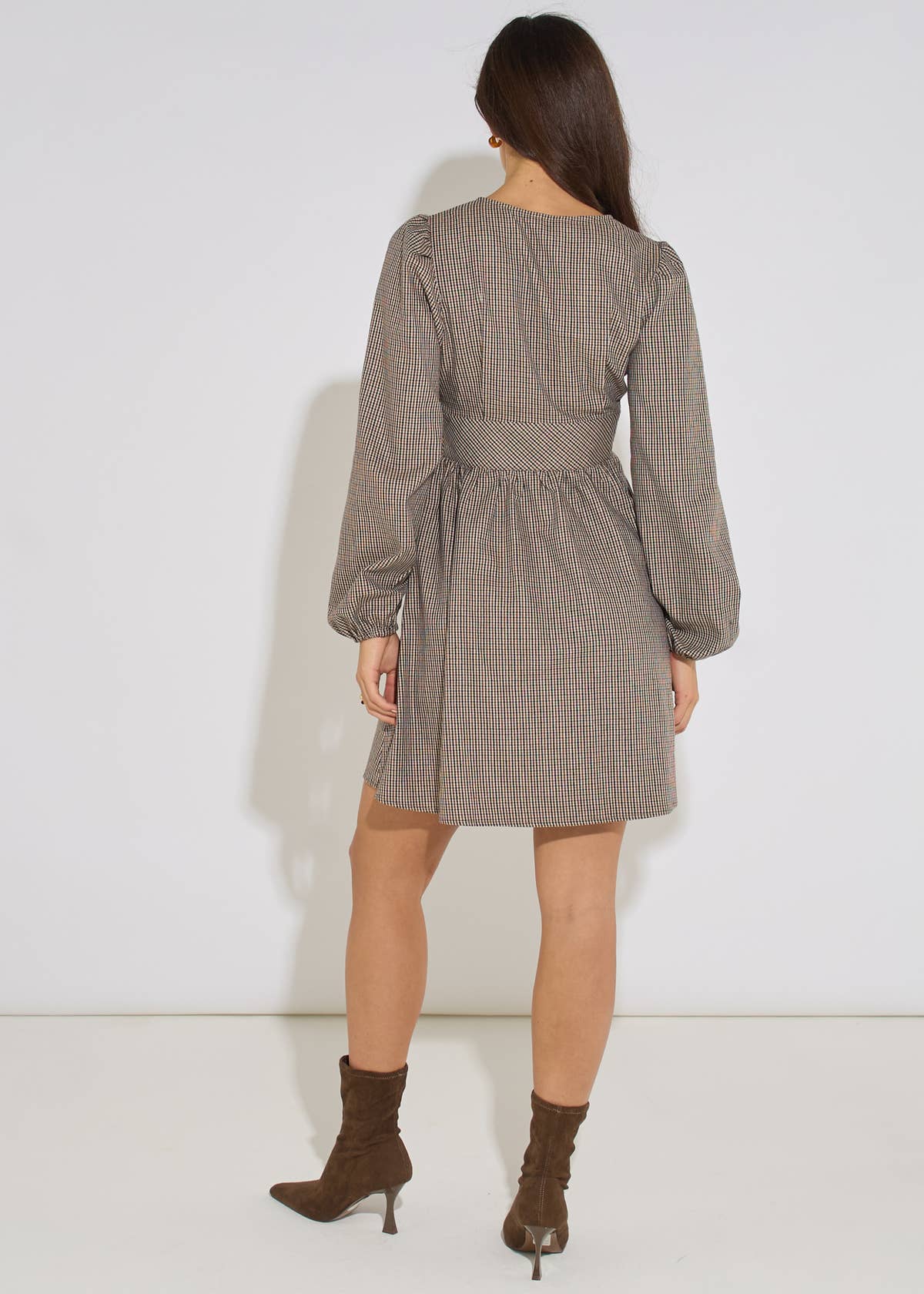 Brown Check Long Sleeves Mini Dress