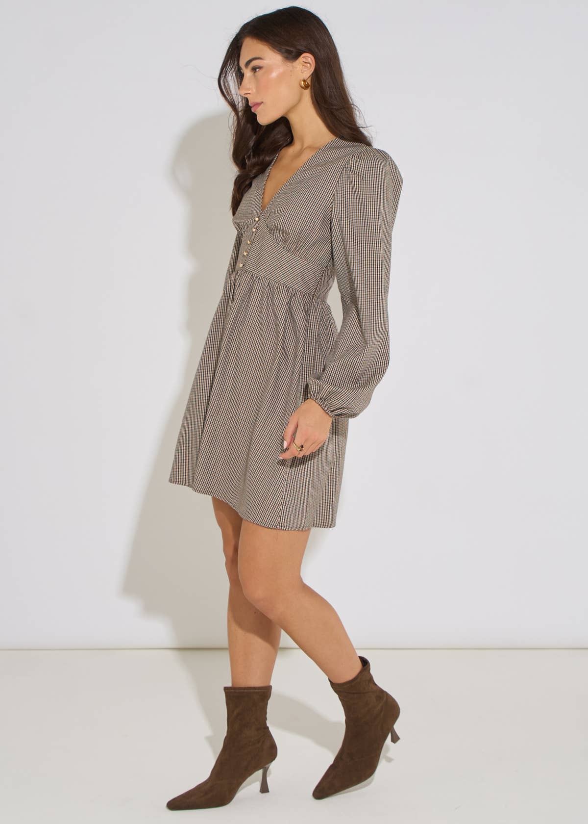 Brown Check Long Sleeves Mini Dress