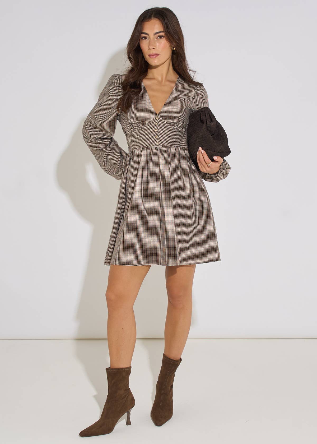 Brown Check Long Sleeves Mini Dress