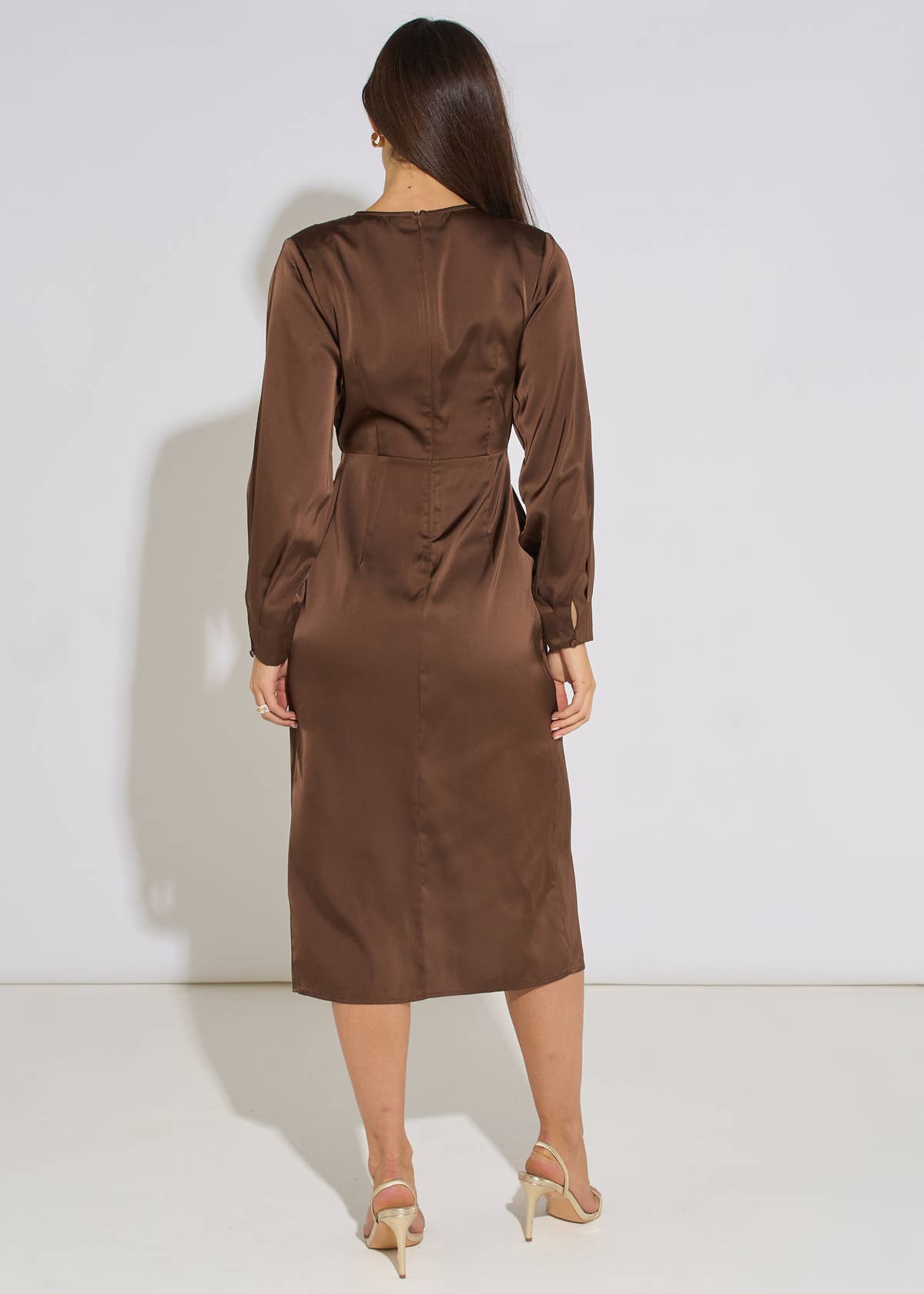 Brown Wrap Front Satin Midi Dress