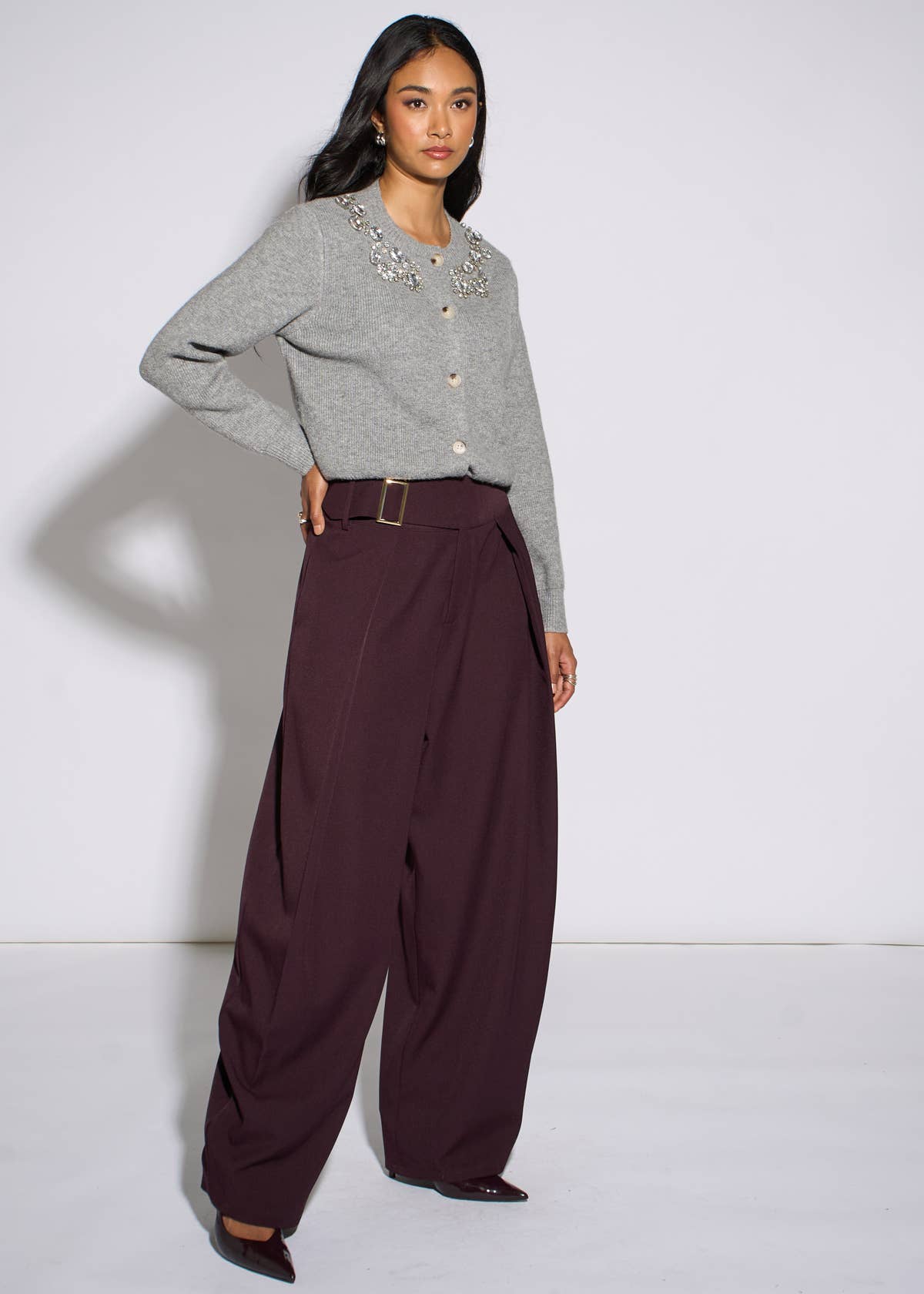 Purple Pleat Buckle Detail Barrel Trousers