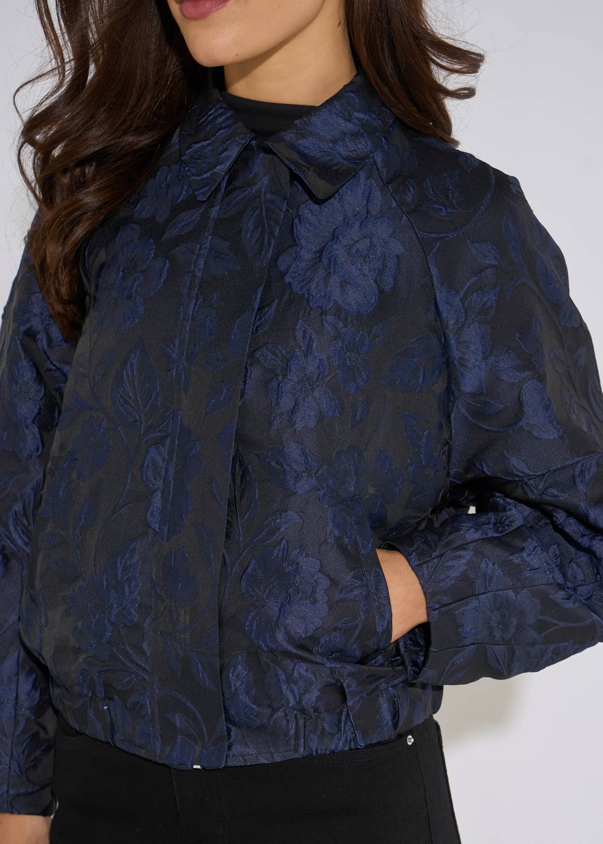 Navy Floral Jacquard Bomber Jacket