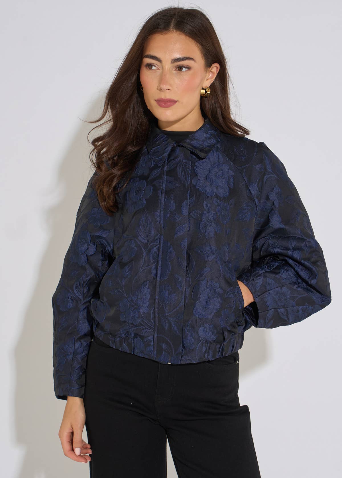Navy Floral Jacquard Bomber Jacket