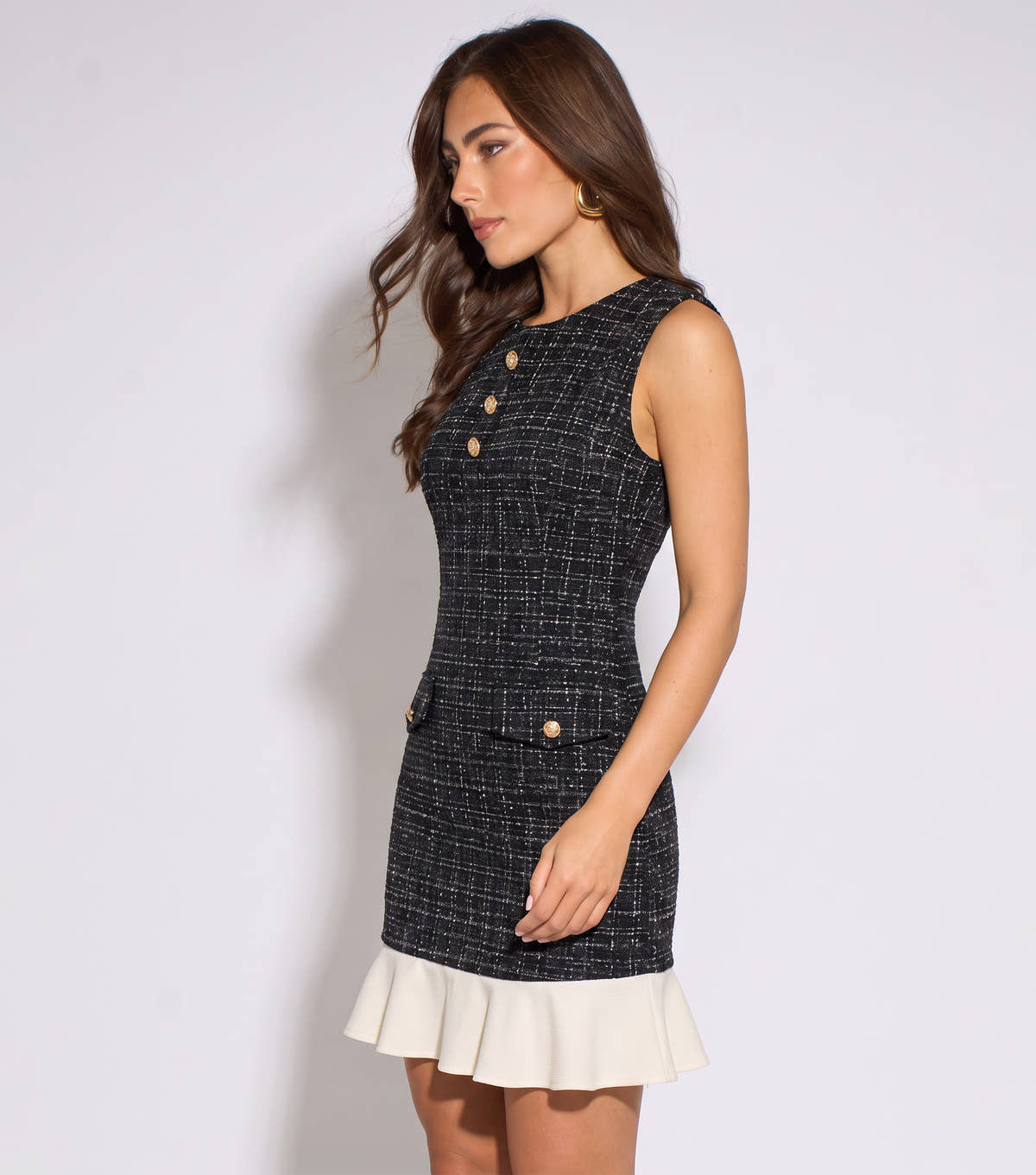 Black Boucle Contrast Satin Ruffle Mini Dress– View 4 | Gini London