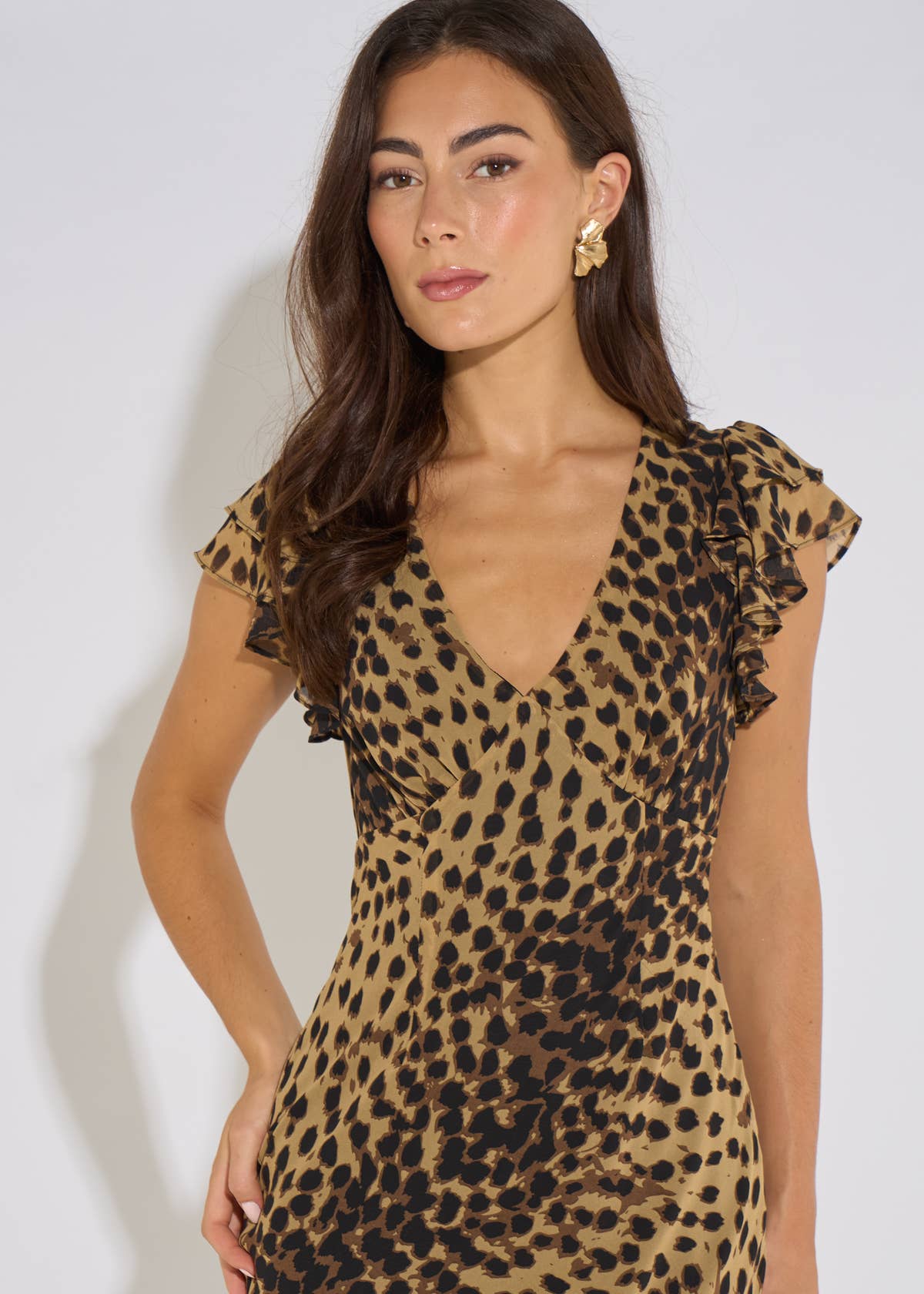 Neutral Animal Print V Neck Ruffle Maxi Dress– View 3 | Gini London