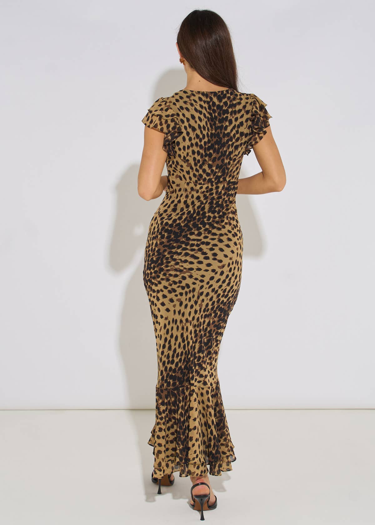 Neutral Animal Print V Neck Ruffle Maxi Dress– View 2 | Gini London