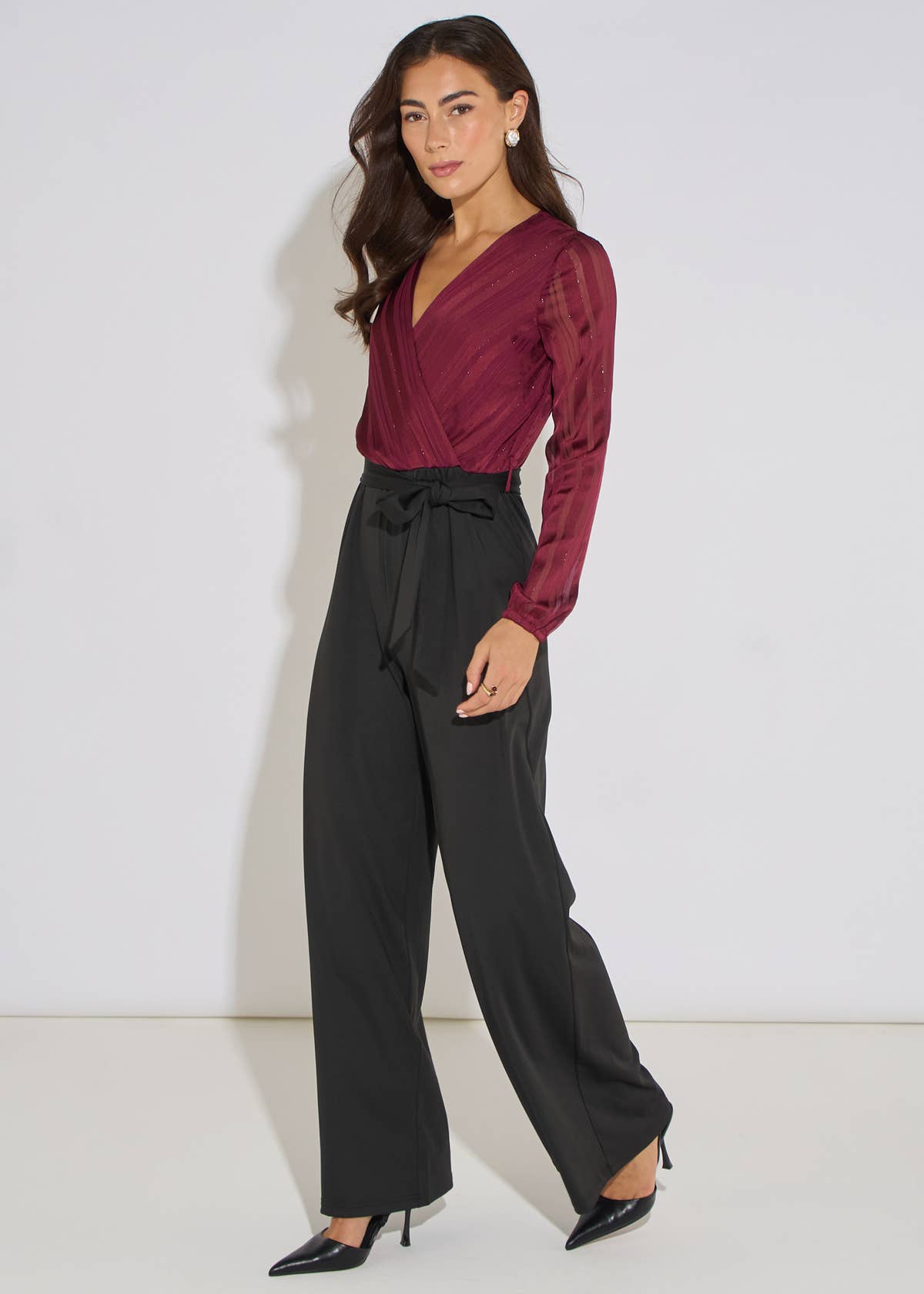 Mulberry Chiffon Stripe Wrap Top Belted Stretch Jumpsuit