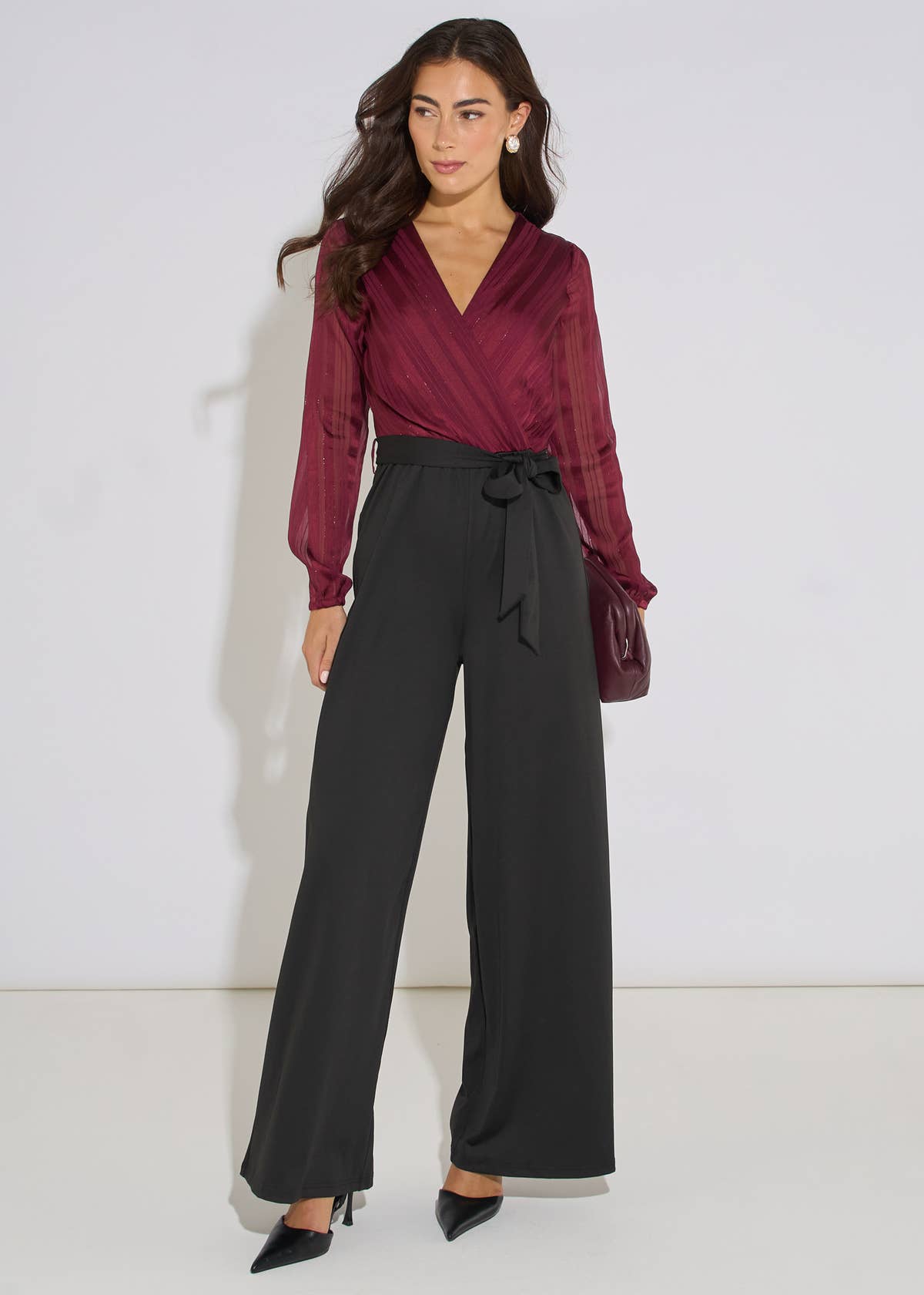 Mulberry Chiffon Stripe Wrap Top Belted Stretch Jumpsuit