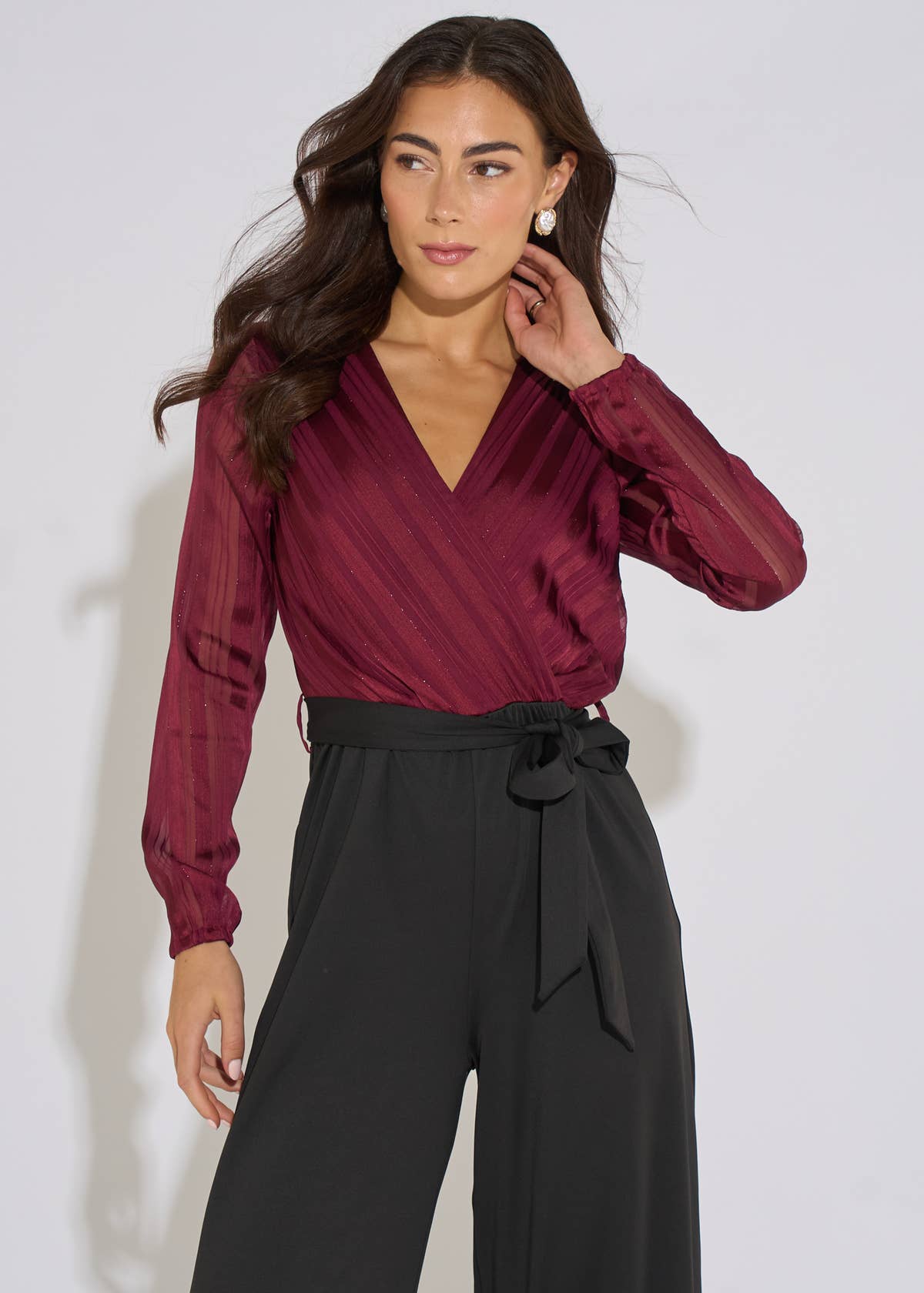 Mulberry Chiffon Stripe Wrap Top Belted Stretch Jumpsuit