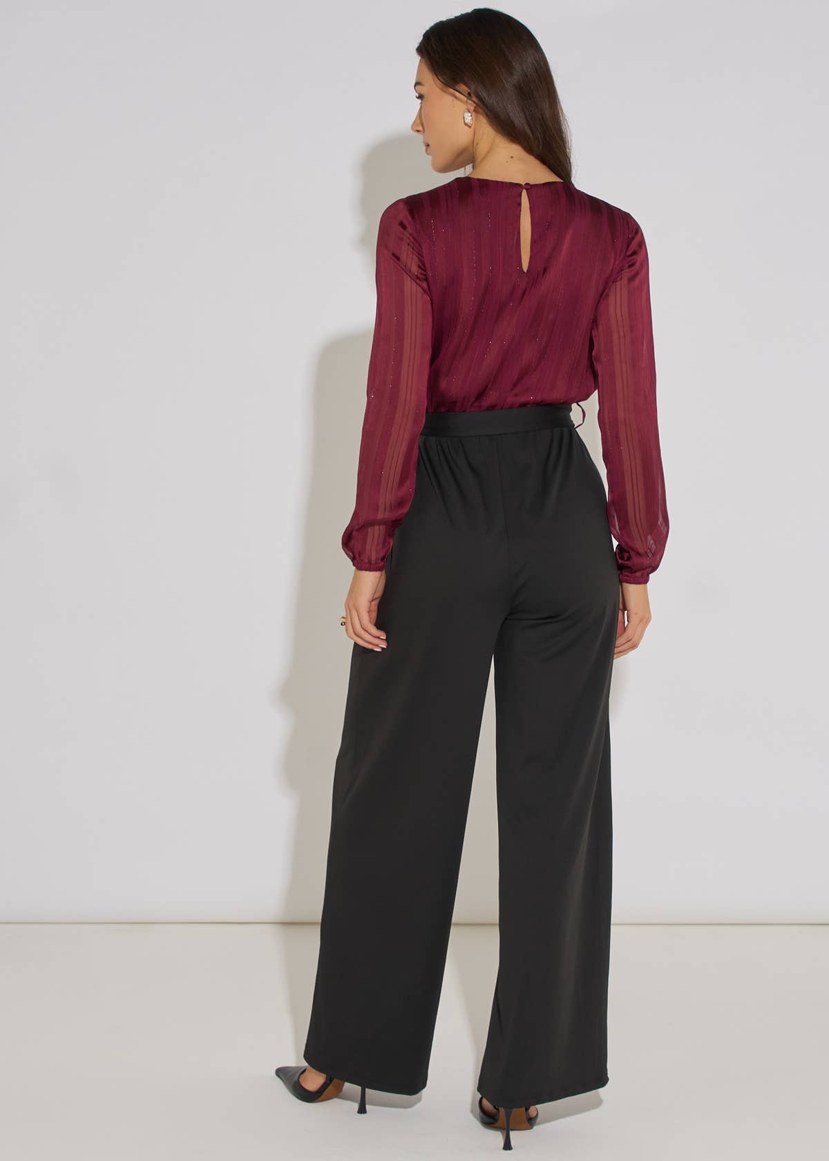 Mulberry Chiffon Stripe Wrap Top Belted Stretch Jumpsuit