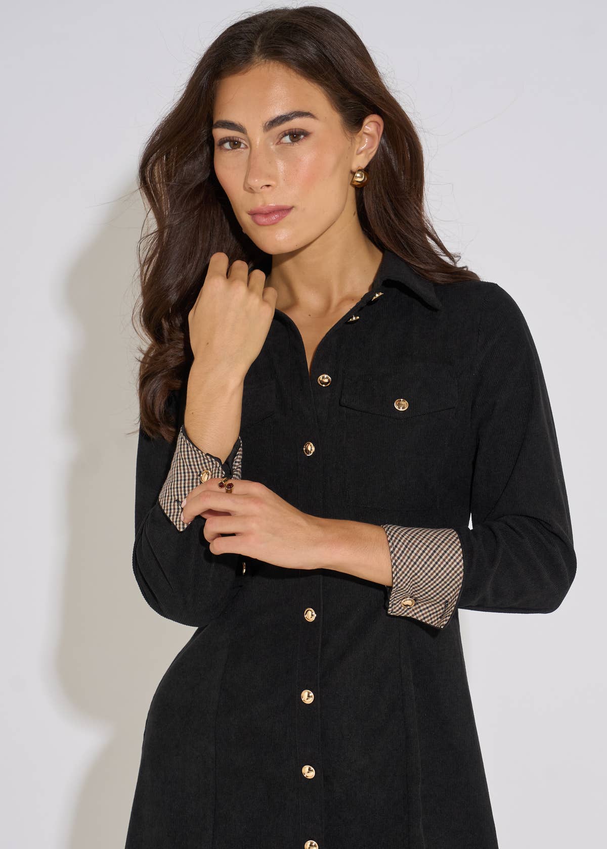 Black Long Sleeve Button Detail Cord Mini Dress