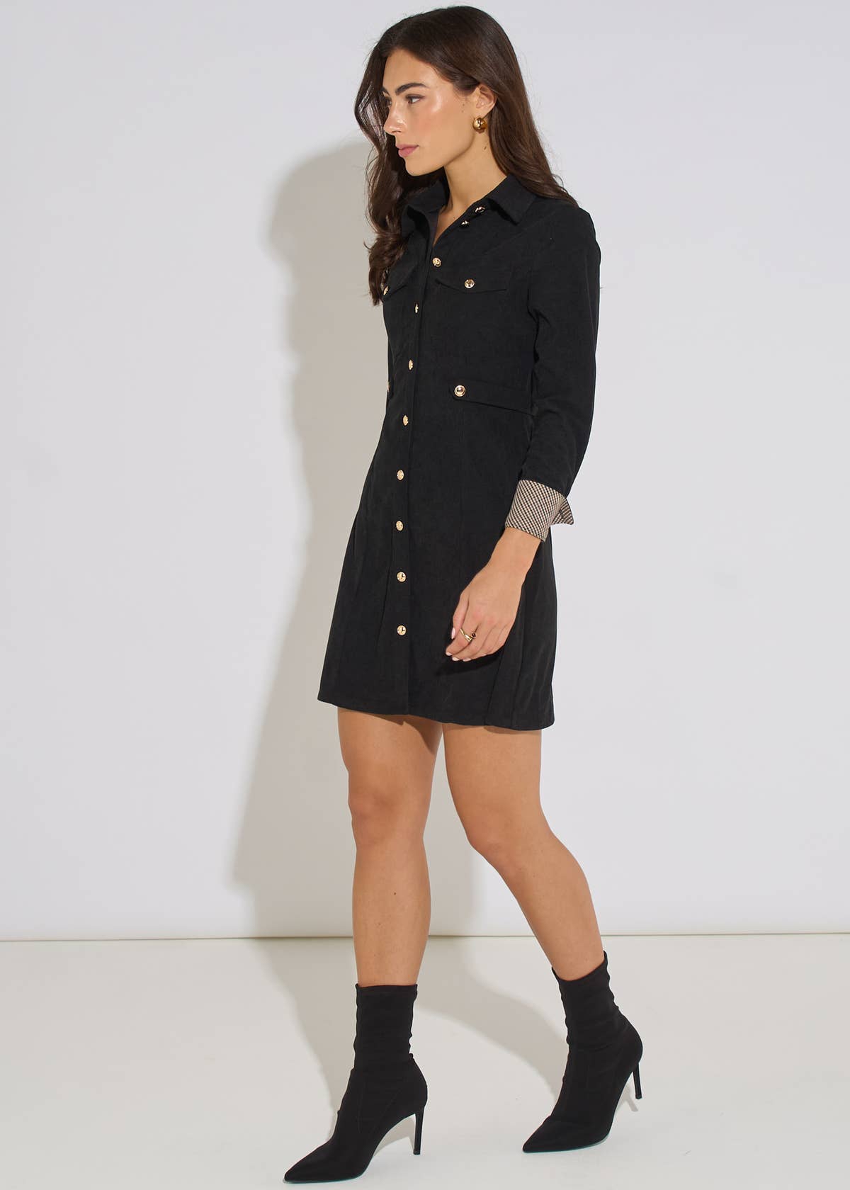 Black Long Sleeve Button Detail Cord Mini Dress
