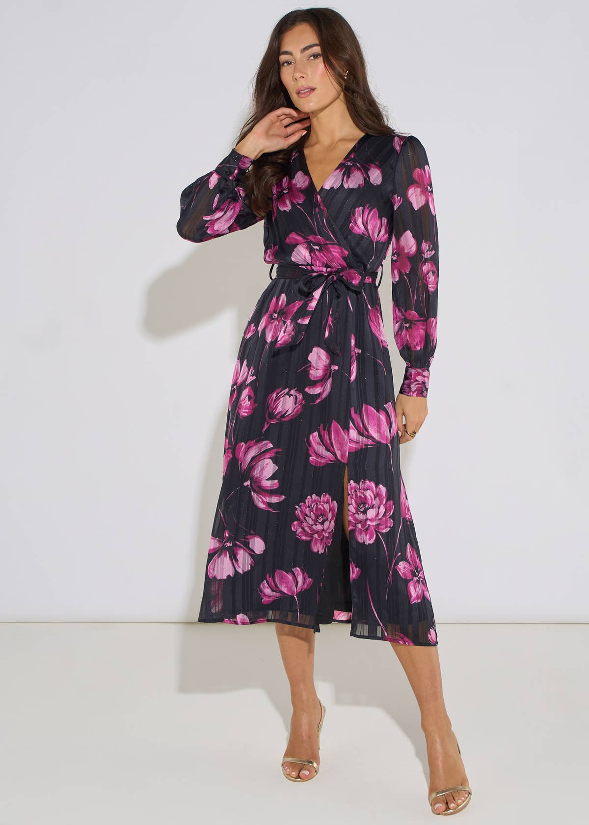 Black Floral Chiffon Sparkle Stripe Wrap Midi Dress