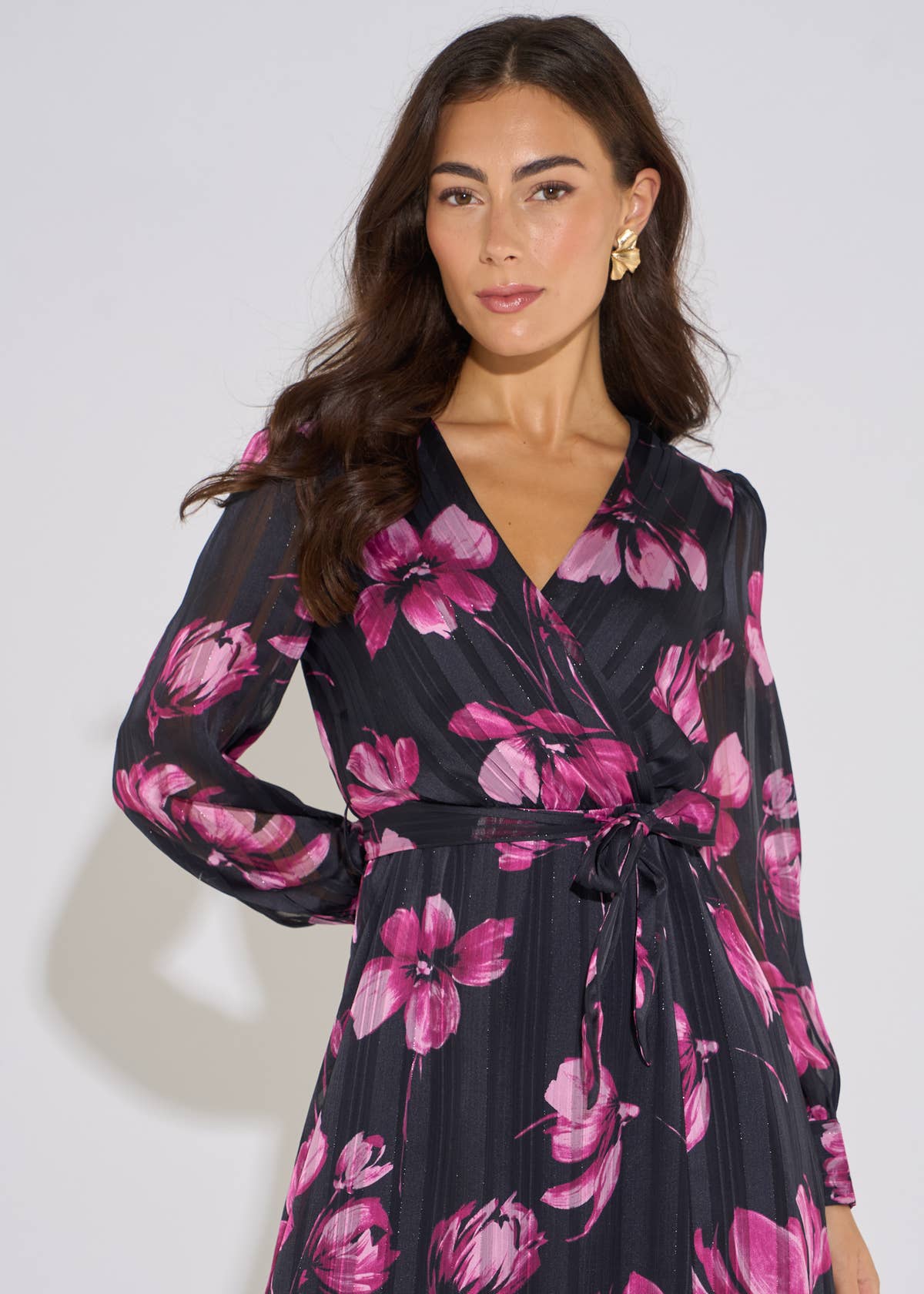 Black Floral Chiffon Sparkle Stripe Wrap Midi Dress