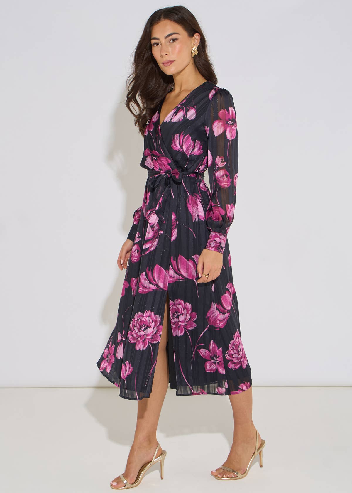 Black Floral Chiffon Sparkle Stripe Wrap Midi Dress