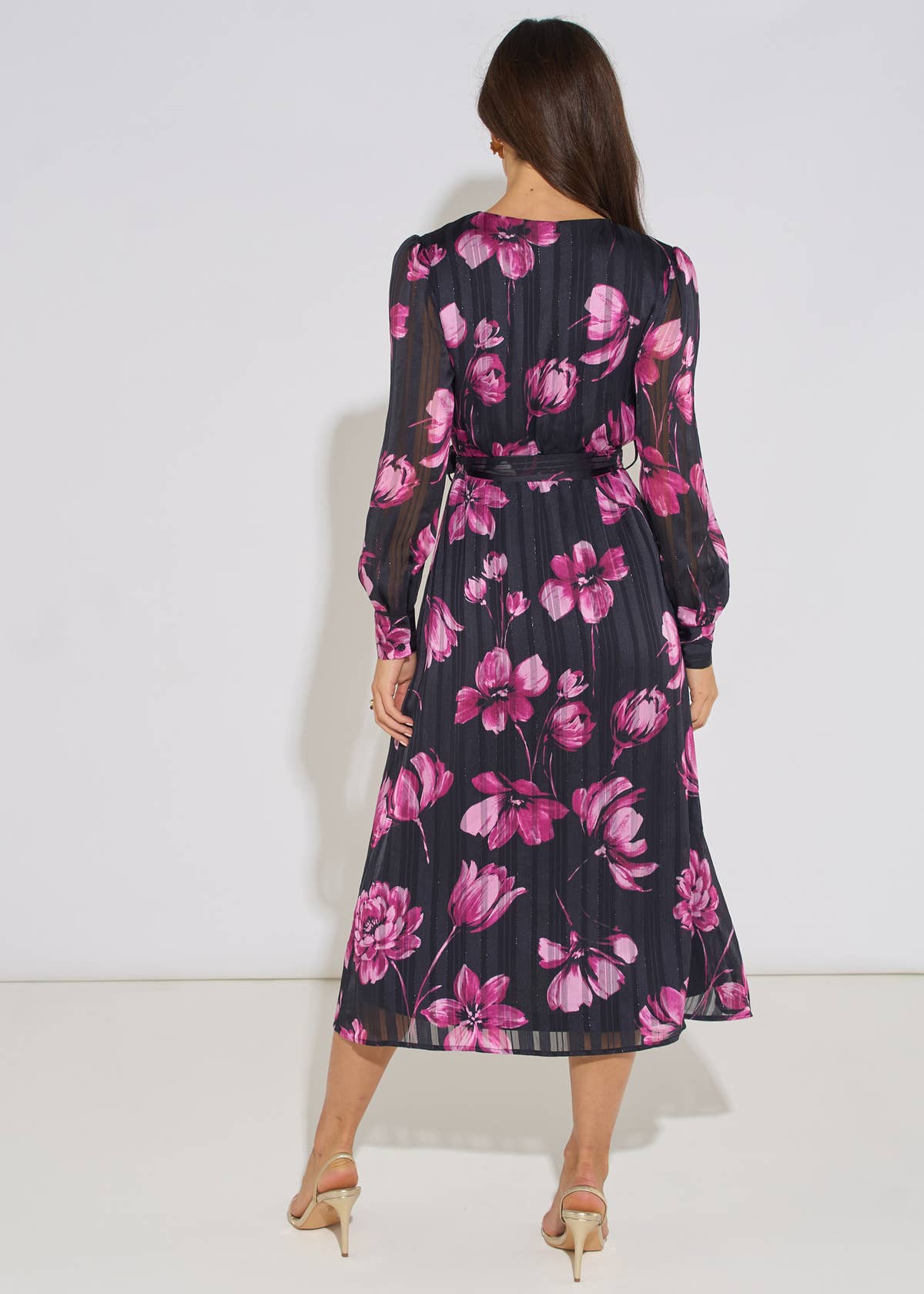 Black Floral Chiffon Sparkle Stripe Wrap Midi Dress