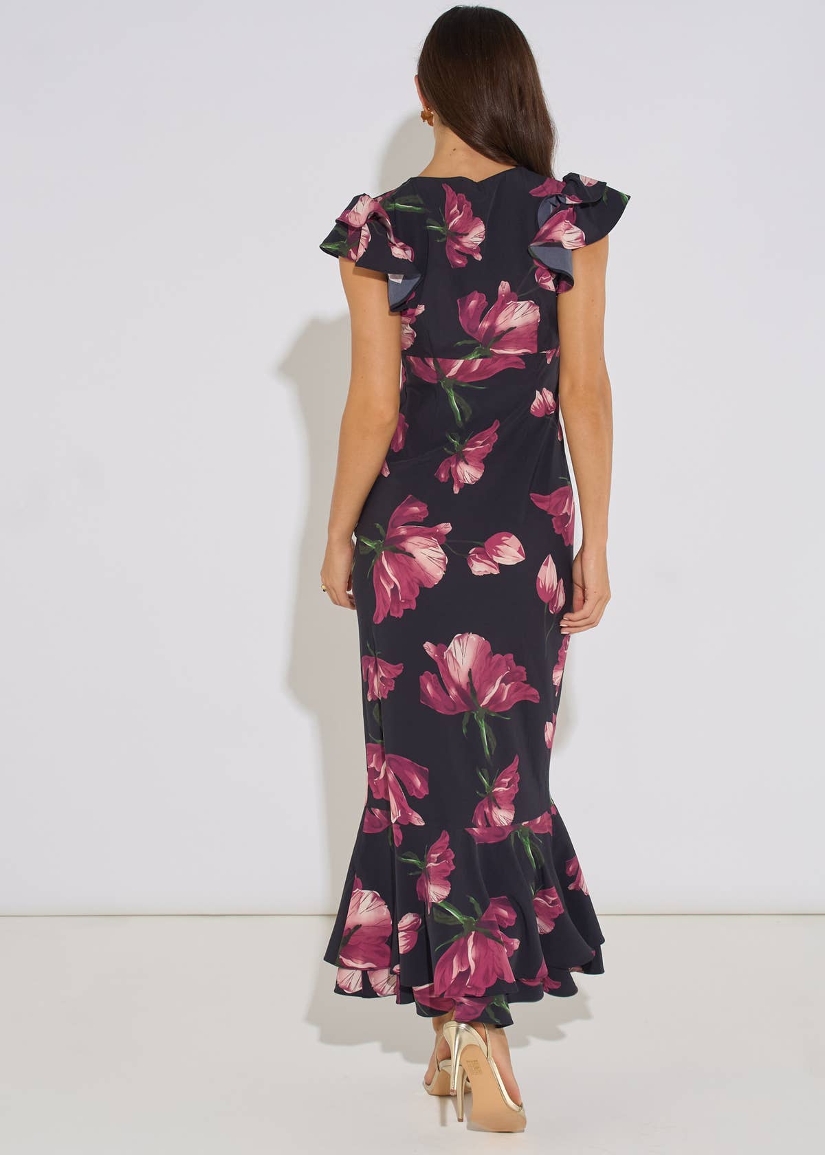 Black Floral Print Ruffle Maxi Dress