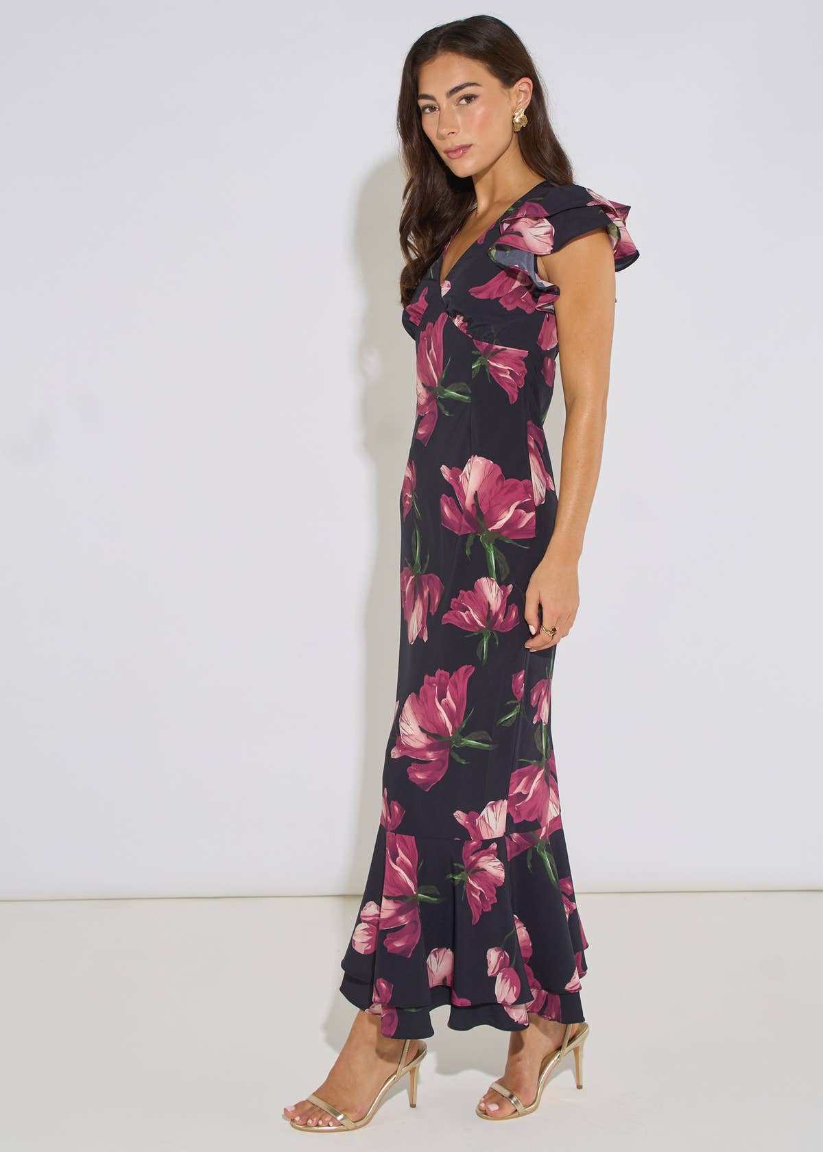 Black Floral Print Ruffle Maxi Dress