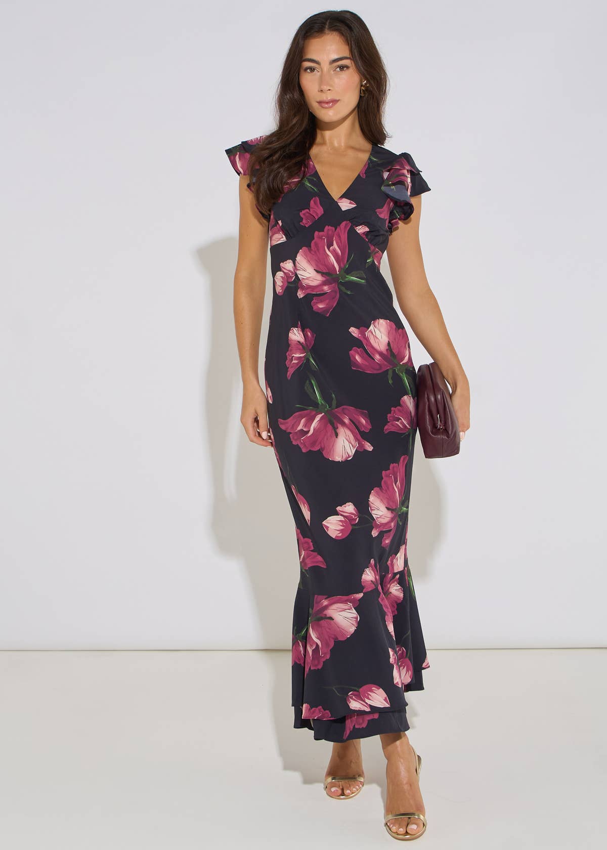 Black Floral Print Ruffle Maxi Dress